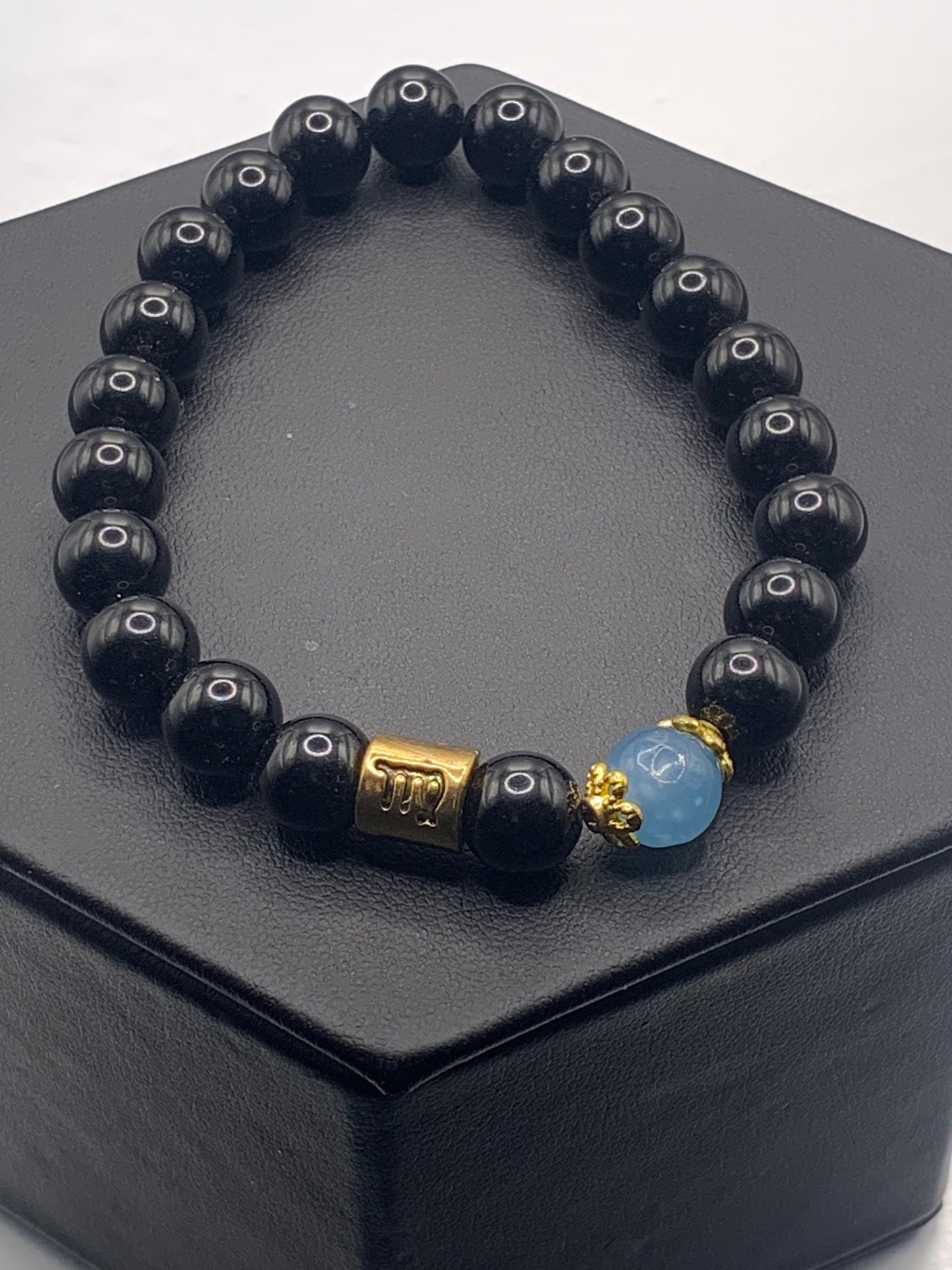 Virgo  Zodiac black obsidian with blue agate semi precious stone/crystal elastic beaded bracelet with gold accents