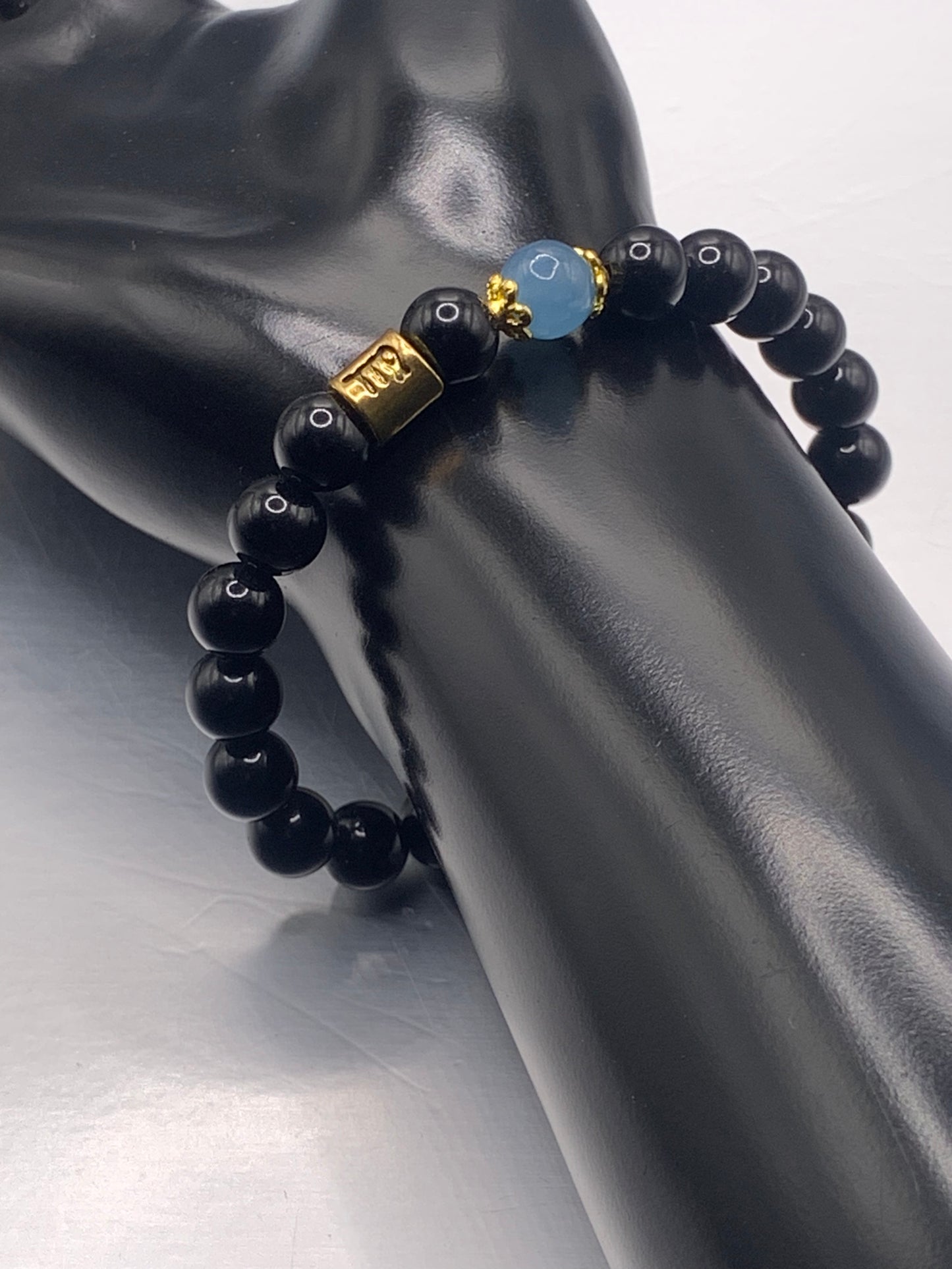 Virgo  Zodiac black obsidian with blue agate semi precious stone/crystal elastic beaded bracelet with gold accents