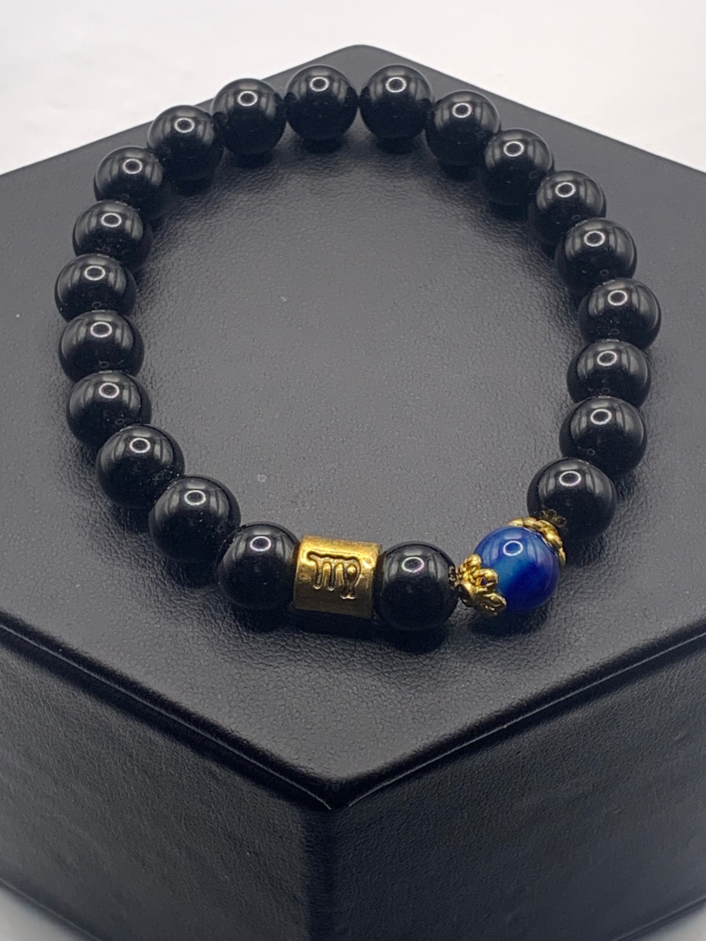Virgo Zodiac black obsidian with blue lace agate semi precious stone/crystal elastic beaded bracelet with gold accents