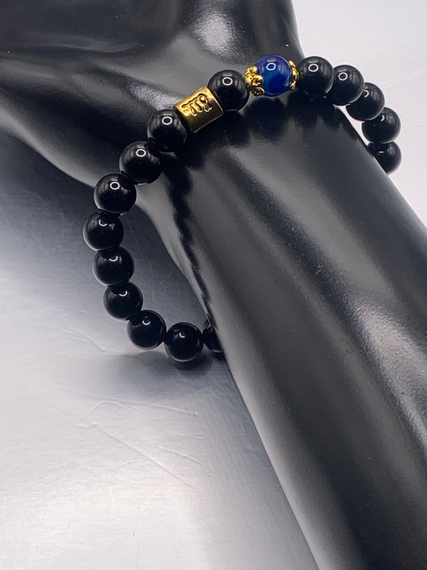 Virgo Zodiac black obsidian with blue lace agate semi precious stone/crystal elastic beaded bracelet with gold accents