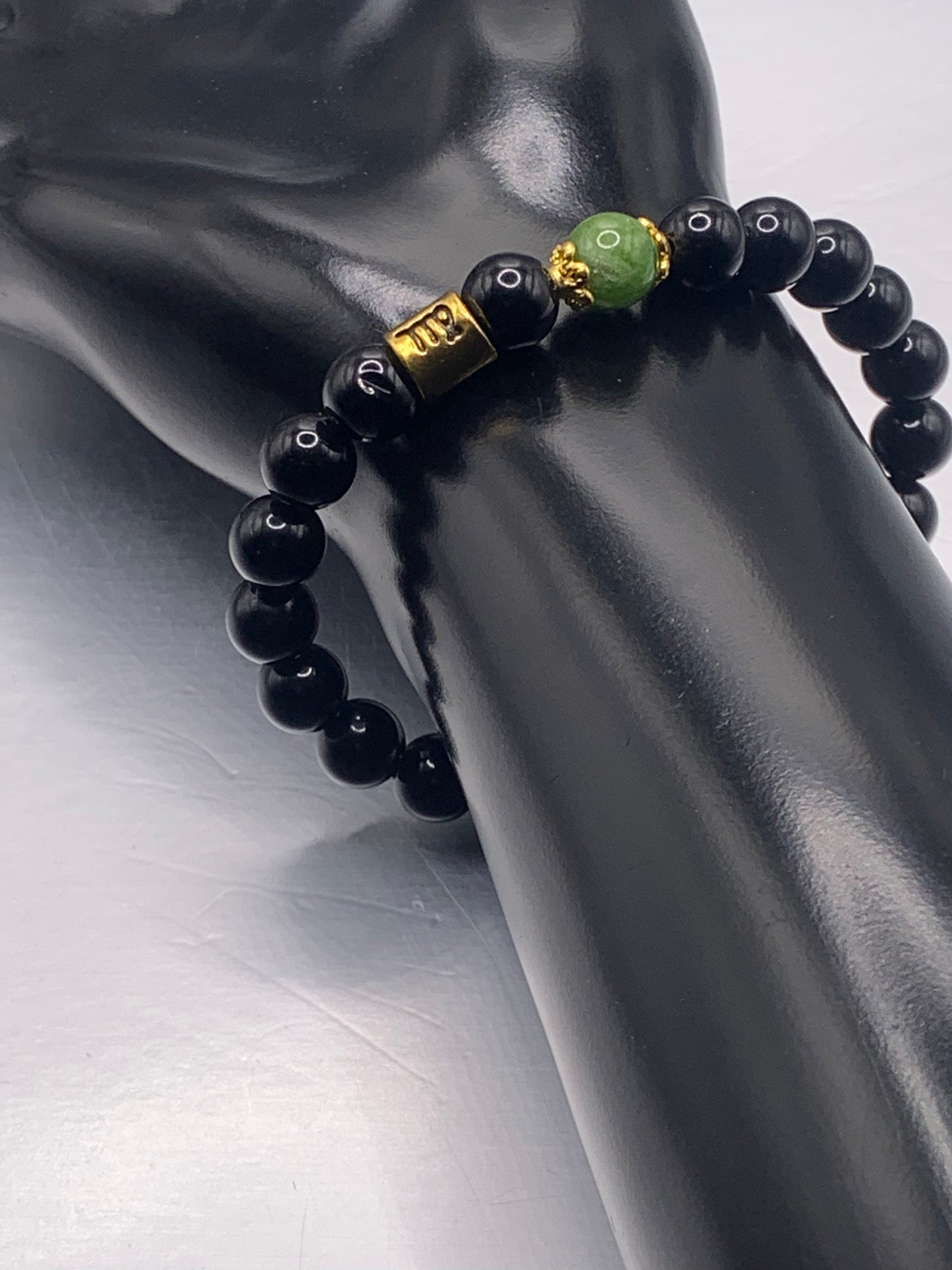 Virgo  Zodiac black obsidian with green tourmaline semi precious stone/crystal elastic beaded bracelet with gold accents