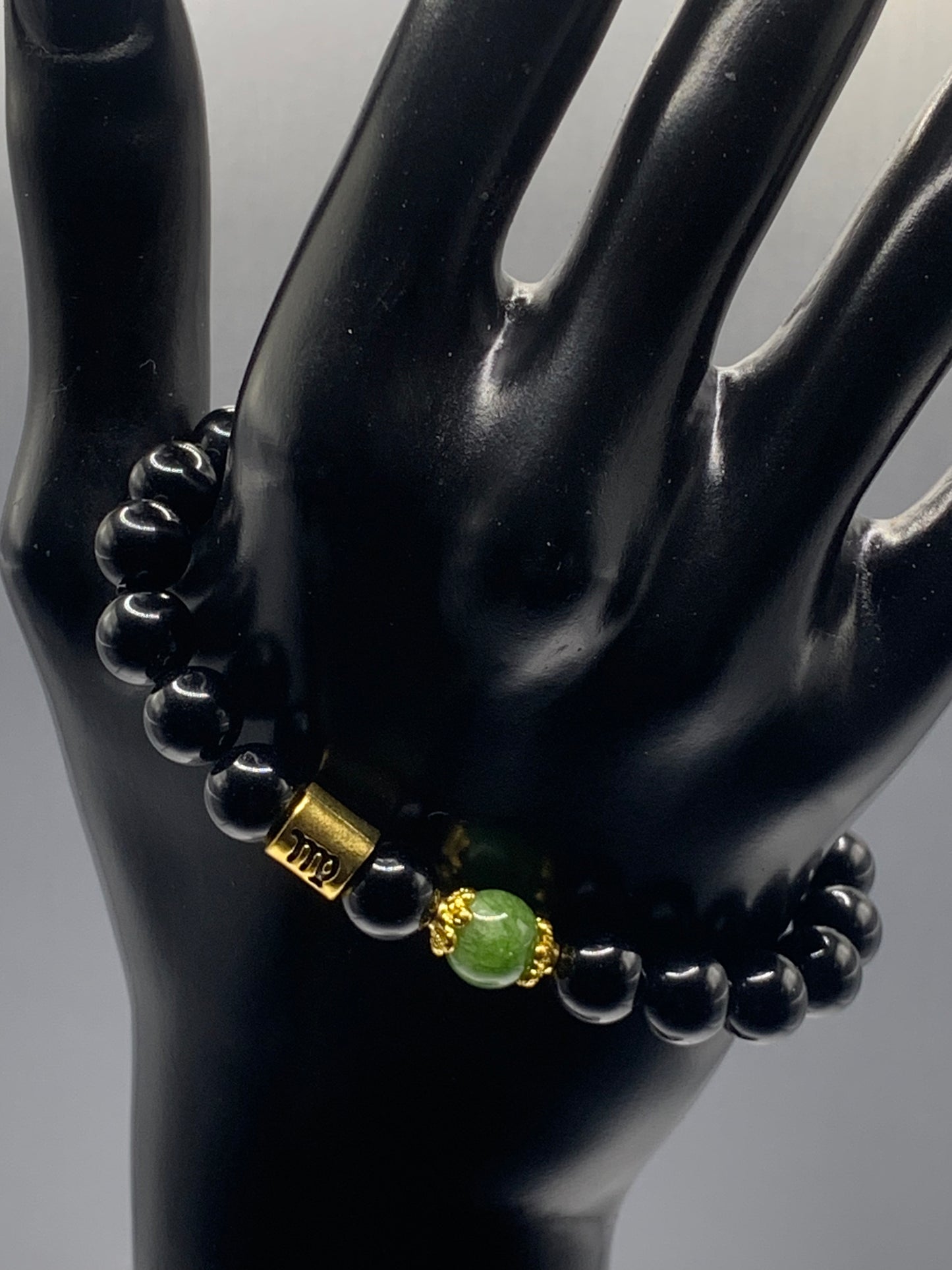 Virgo  Zodiac black obsidian with green tourmaline semi precious stone/crystal elastic beaded bracelet with gold accents