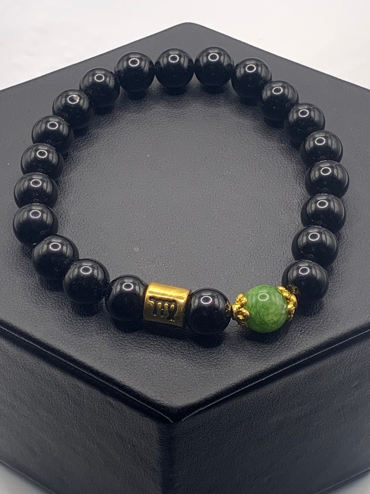 Virgo  Zodiac black obsidian with green tourmaline semi precious stone/crystal elastic beaded bracelet with gold accents