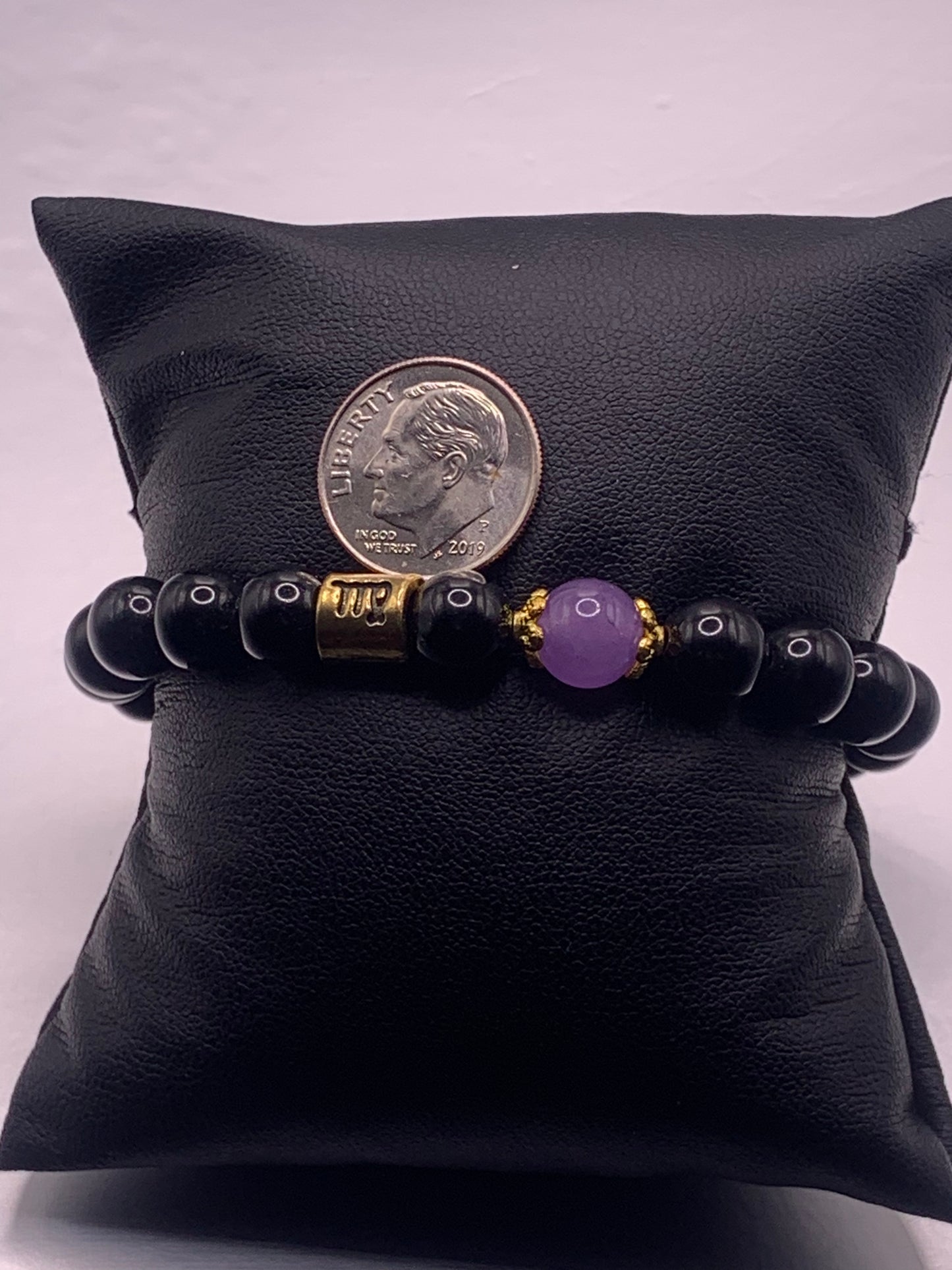 Virgo Zodiac black obsidian with lavender agate semi precious stone/crystal elastic beaded bracelet with gold accents