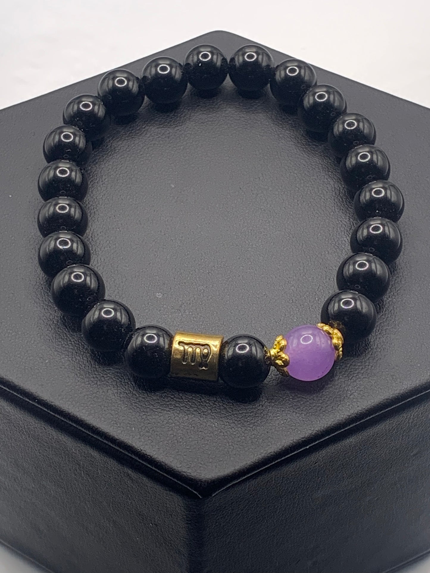 Virgo Zodiac black obsidian with lavender agate semi precious stone/crystal elastic beaded bracelet with gold accents