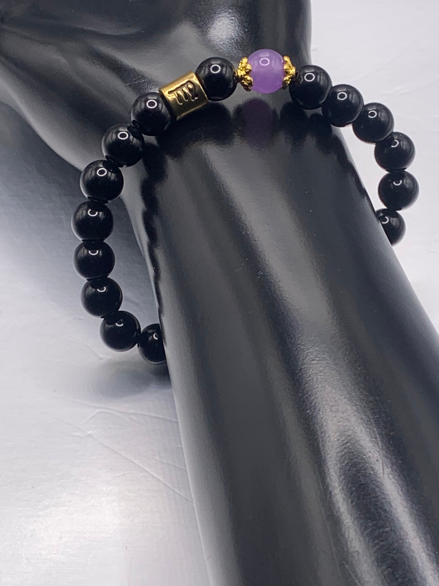 Virgo Zodiac black obsidian with lavender agate semi precious stone/crystal elastic beaded bracelet with gold accents