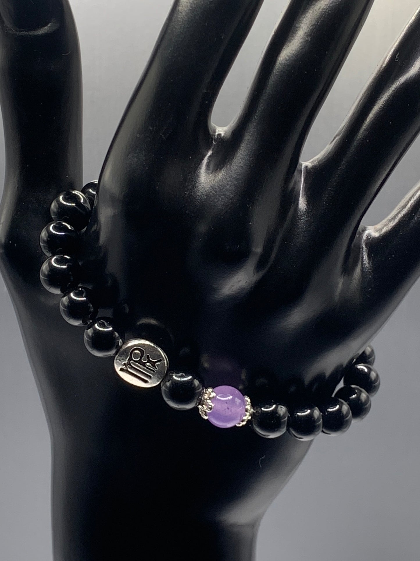 Virgo  Zodiac black obsidian with lavender agate semi precious stone/crystal elastic beaded bracelet with silver accents
