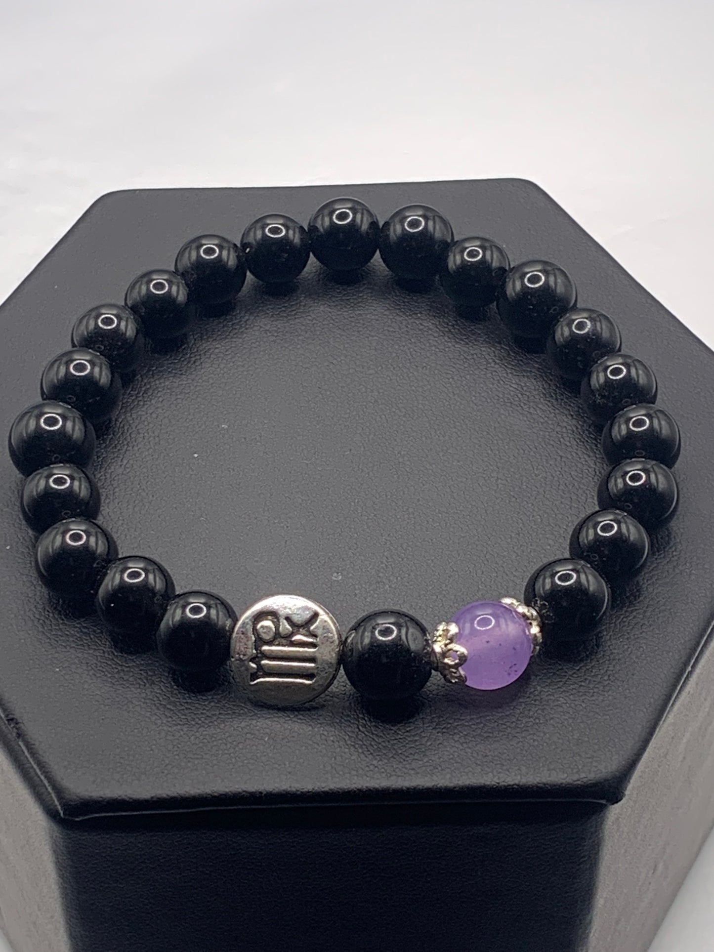 Virgo  Zodiac black obsidian with lavender agate semi precious stone/crystal elastic beaded bracelet with silver accents