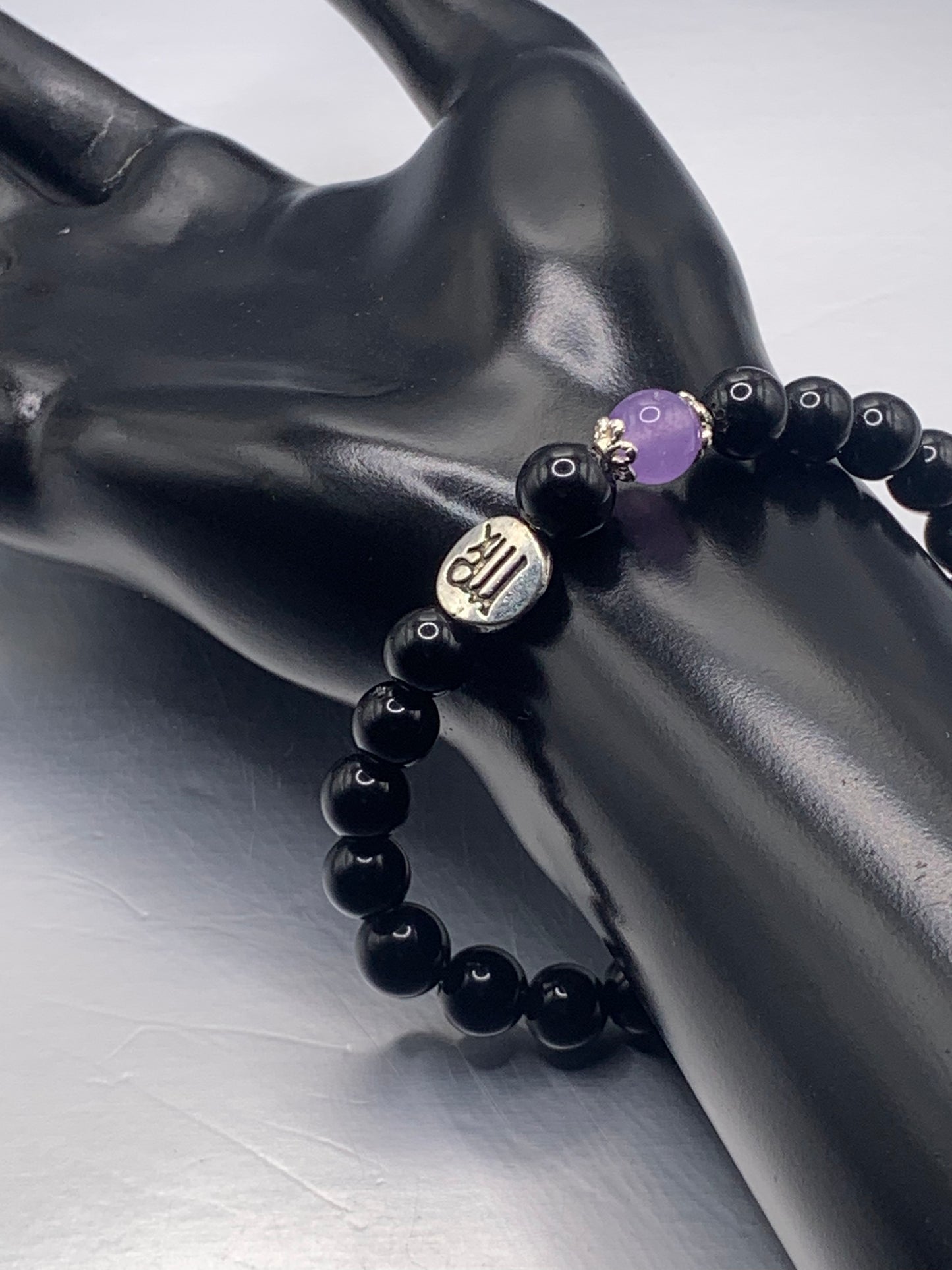 Virgo  Zodiac black obsidian with lavender agate semi precious stone/crystal elastic beaded bracelet with silver accents