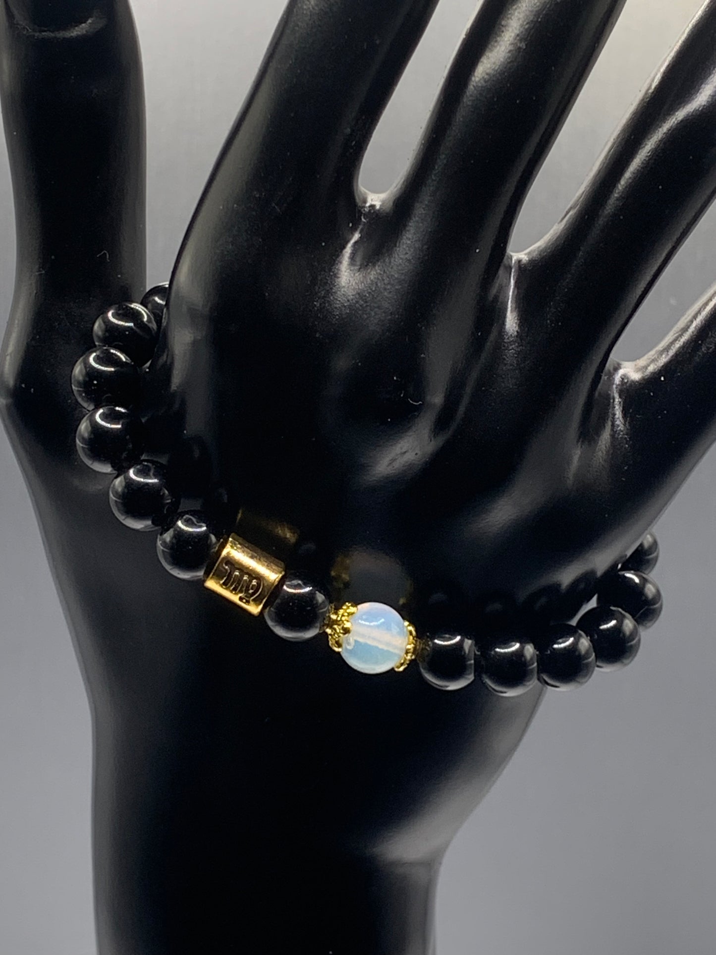 Virgo Zodiac black obsidian with opalite semi precious stone/crystal elastic beaded bracelet with gold accents