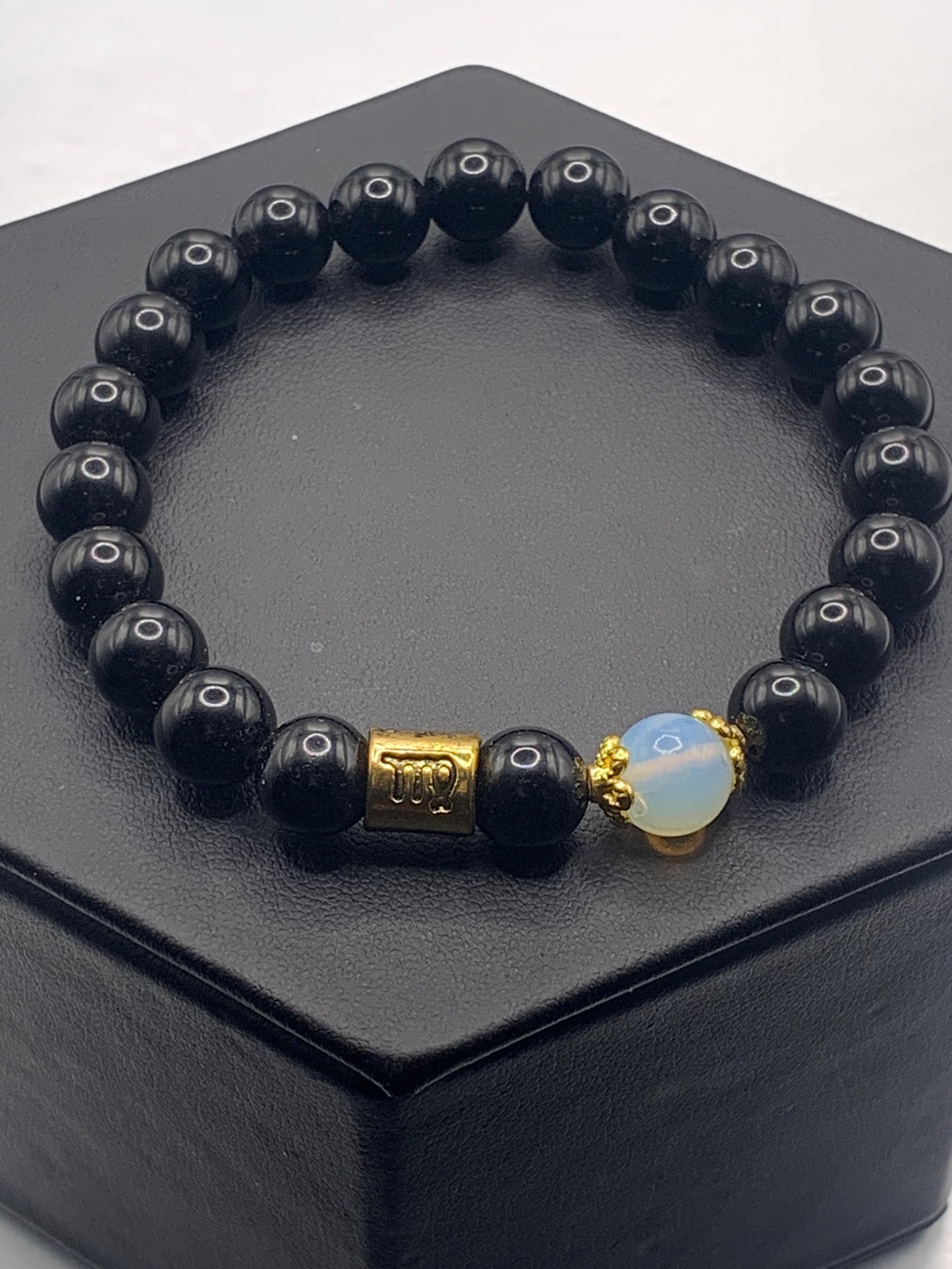 Virgo Zodiac black obsidian with opalite semi precious stone/crystal elastic beaded bracelet with gold accents