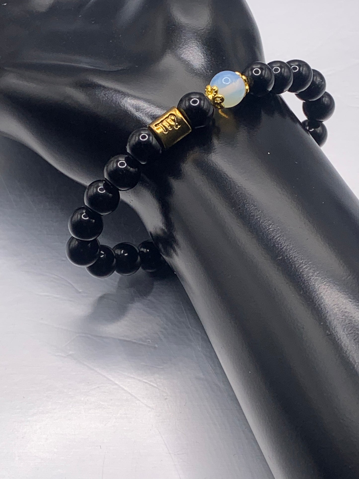Virgo Zodiac black obsidian with opalite semi precious stone/crystal elastic beaded bracelet with gold accents