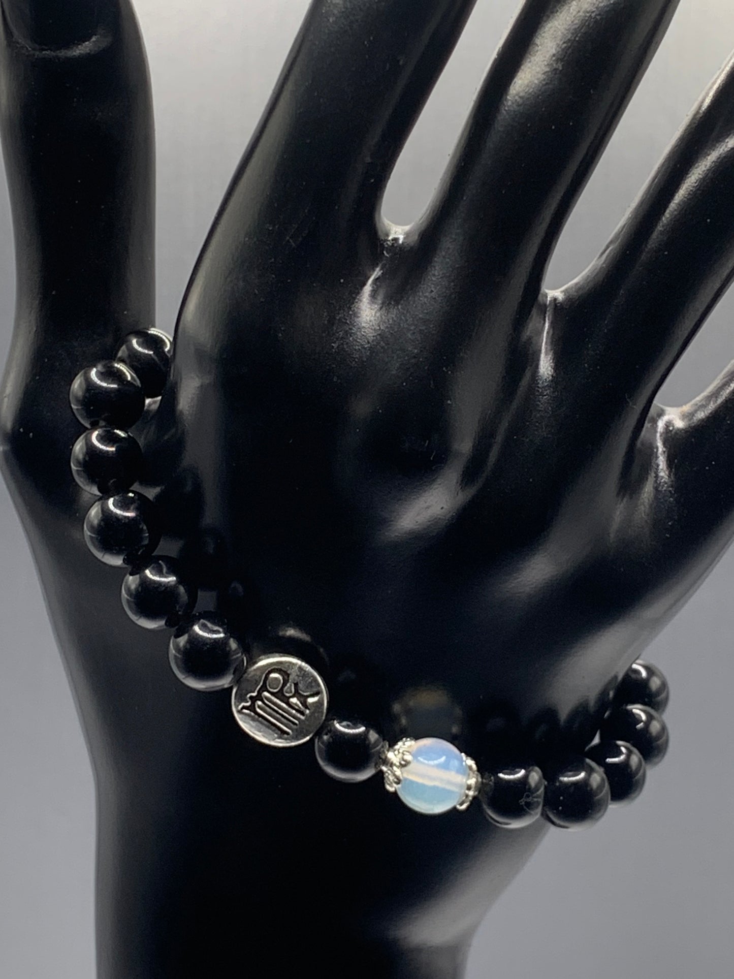 Virgo Zodiac black obsidian with opalite semi precious stone/crystal elastic beaded bracelet with silver accents