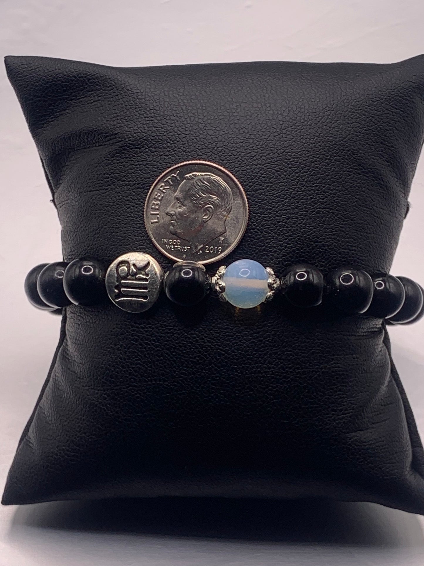 Virgo Zodiac black obsidian with opalite semi precious stone/crystal elastic beaded bracelet with silver accents