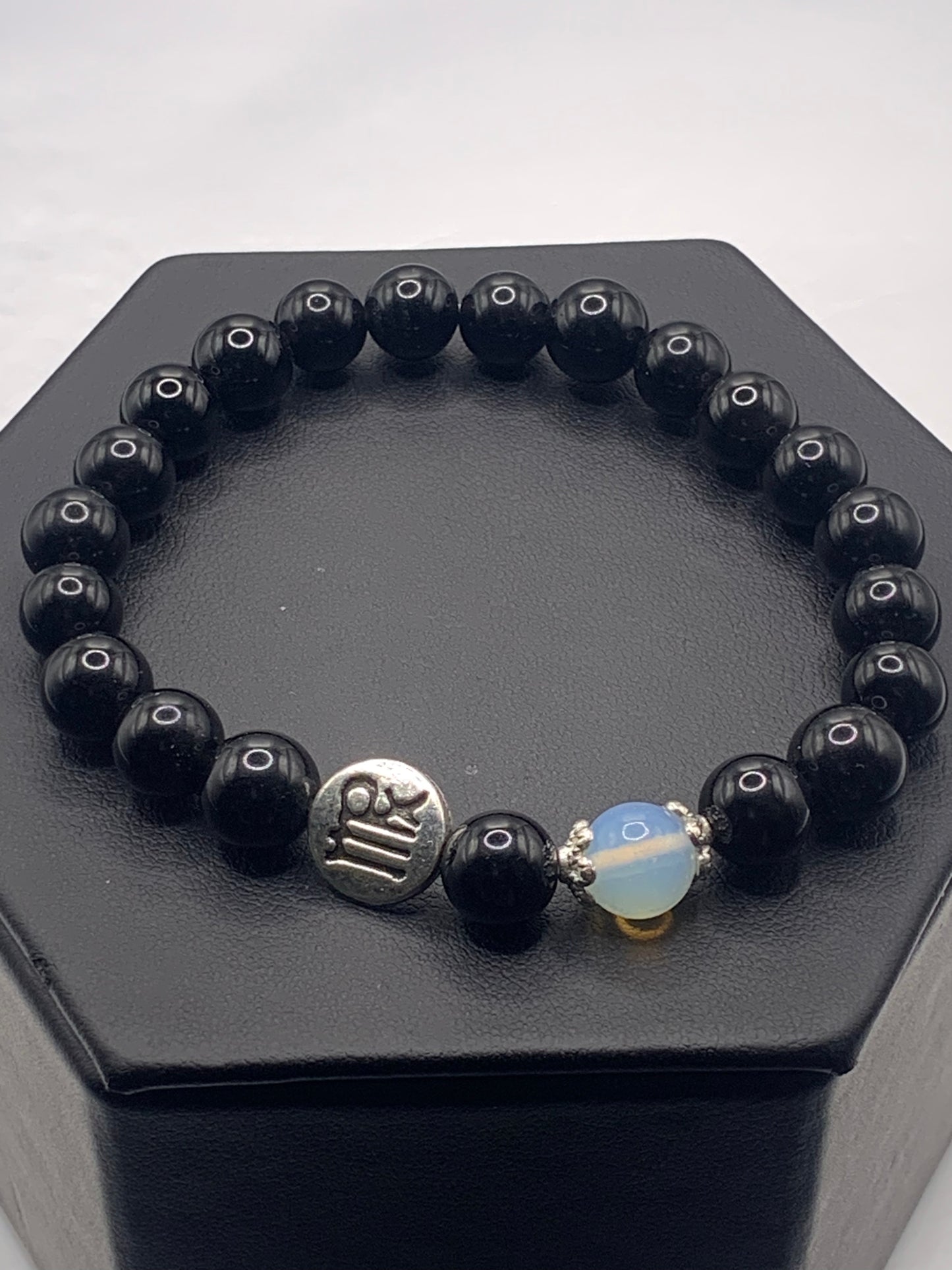 Virgo Zodiac black obsidian with opalite semi precious stone/crystal elastic beaded bracelet with silver accents