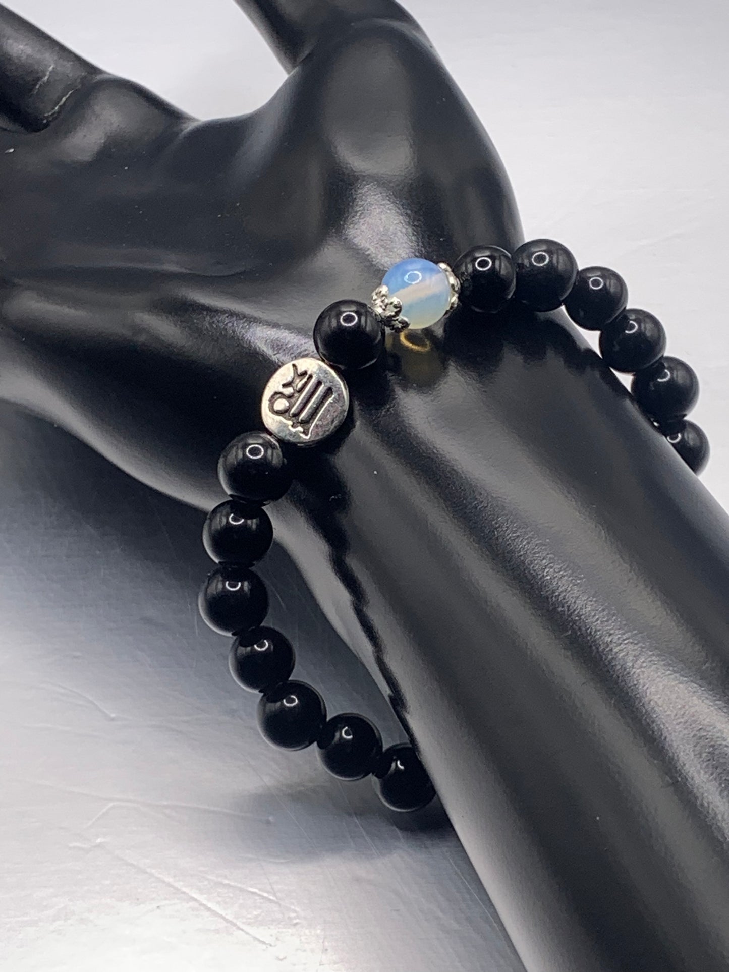 Virgo Zodiac black obsidian with opalite semi precious stone/crystal elastic beaded bracelet with silver accents