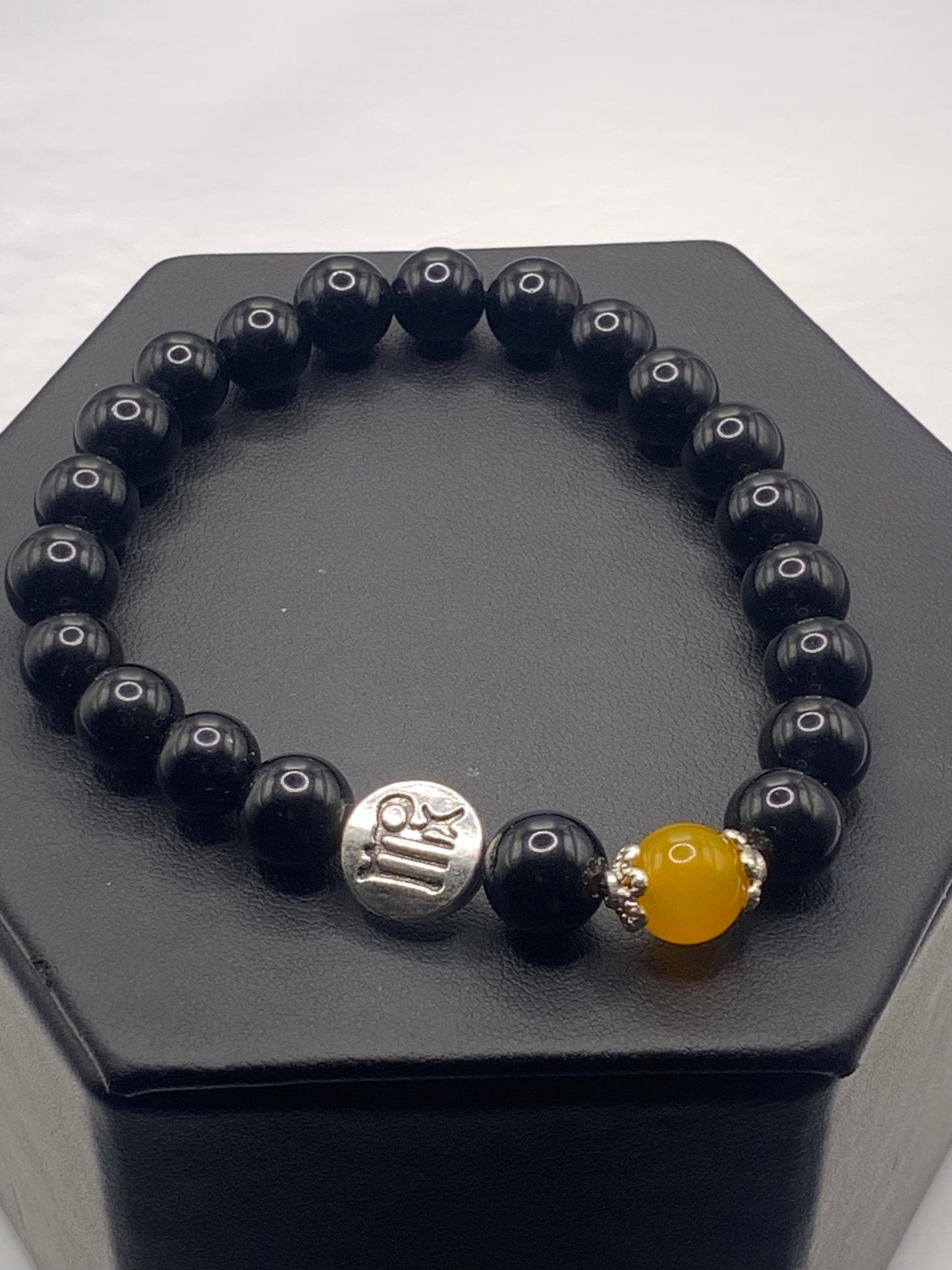 Virgo Zodiac black obsidian with orange agate semi precious stone/crystal elastic beaded bracelet with silver accents