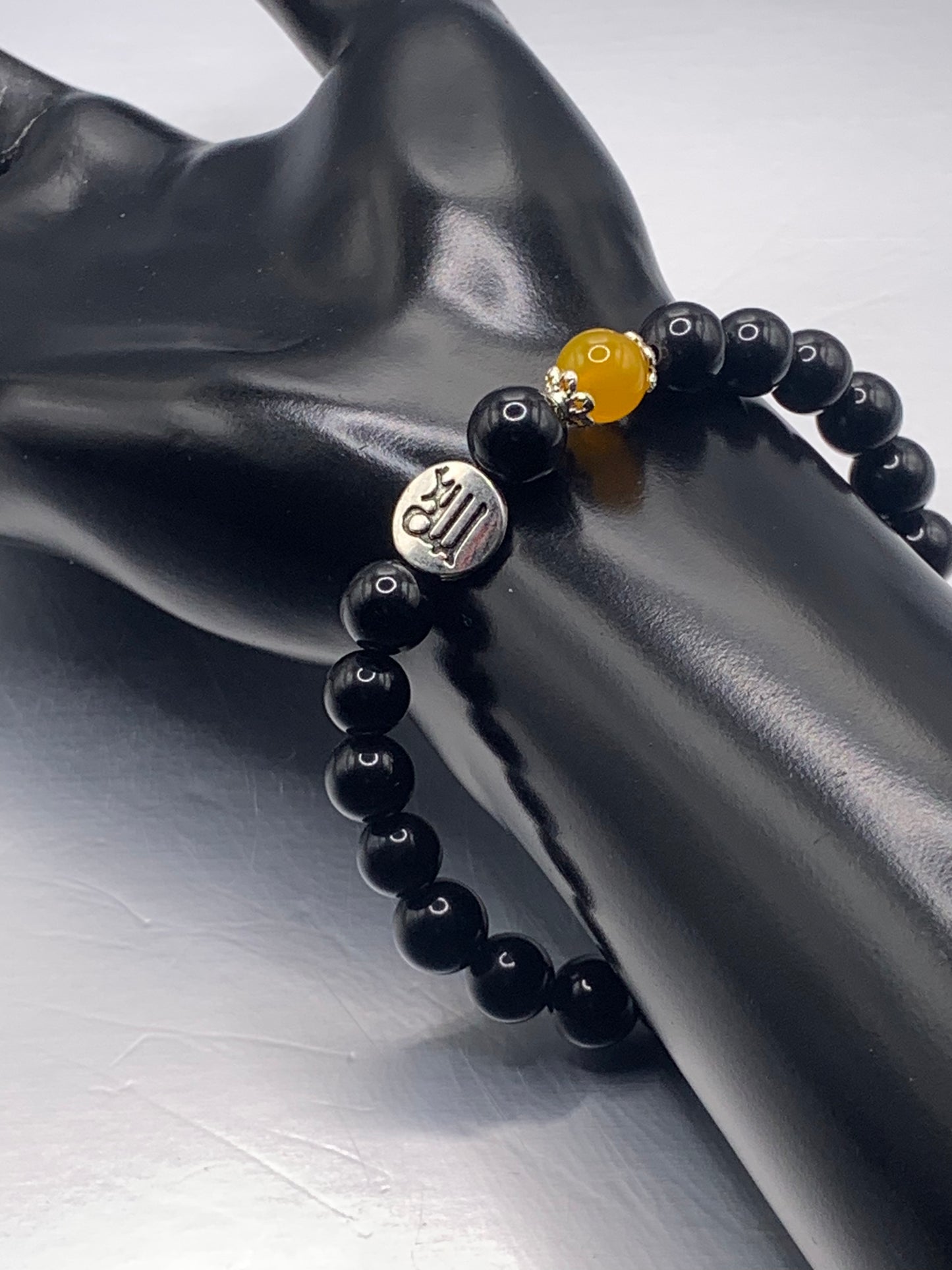 Virgo Zodiac black obsidian with orange agate semi precious stone/crystal elastic beaded bracelet with silver accents