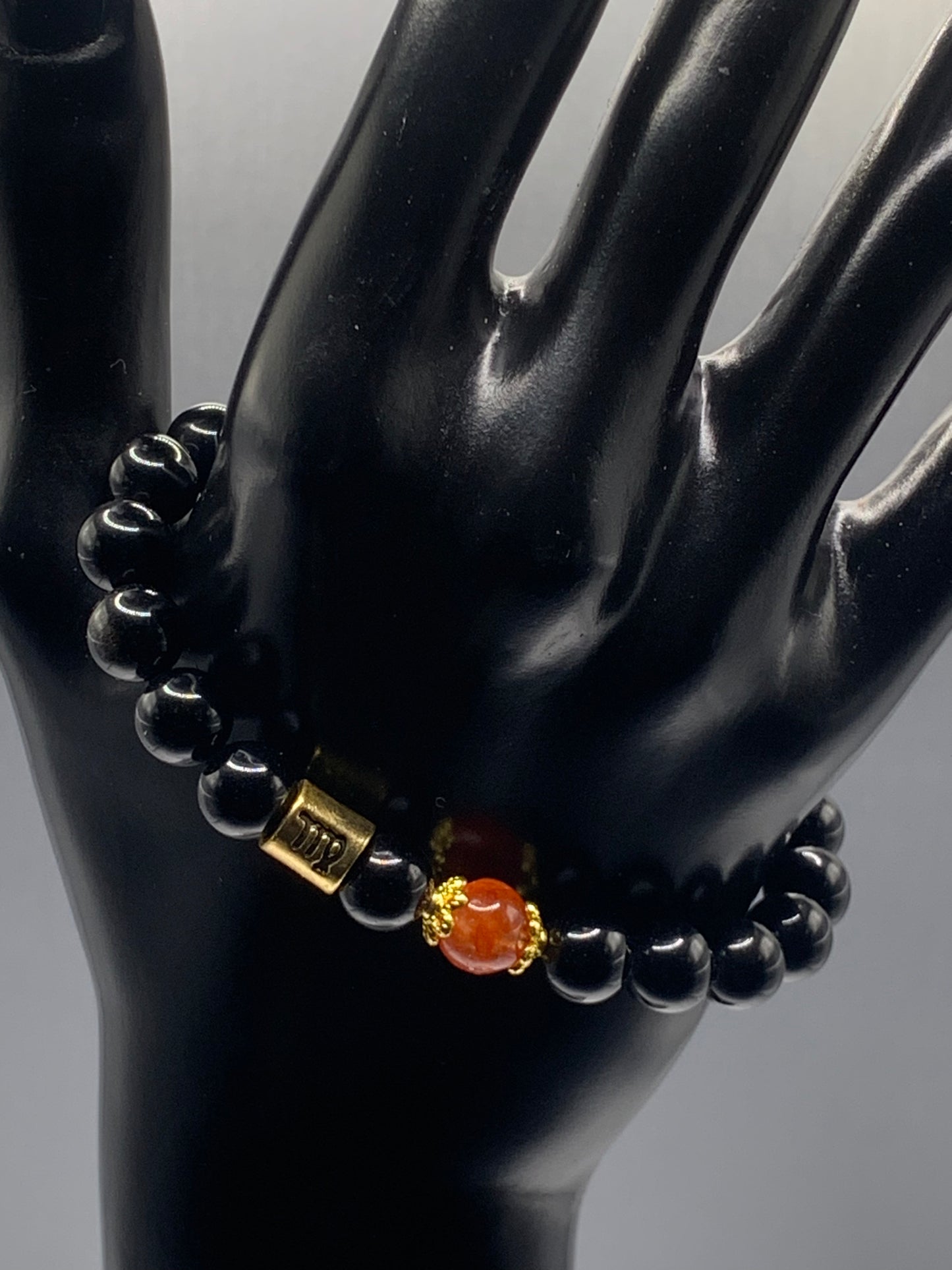 Virgo  Zodiac black obsidian with phoenix agate semi precious stone/crystal elastic beaded bracelet with gold accents