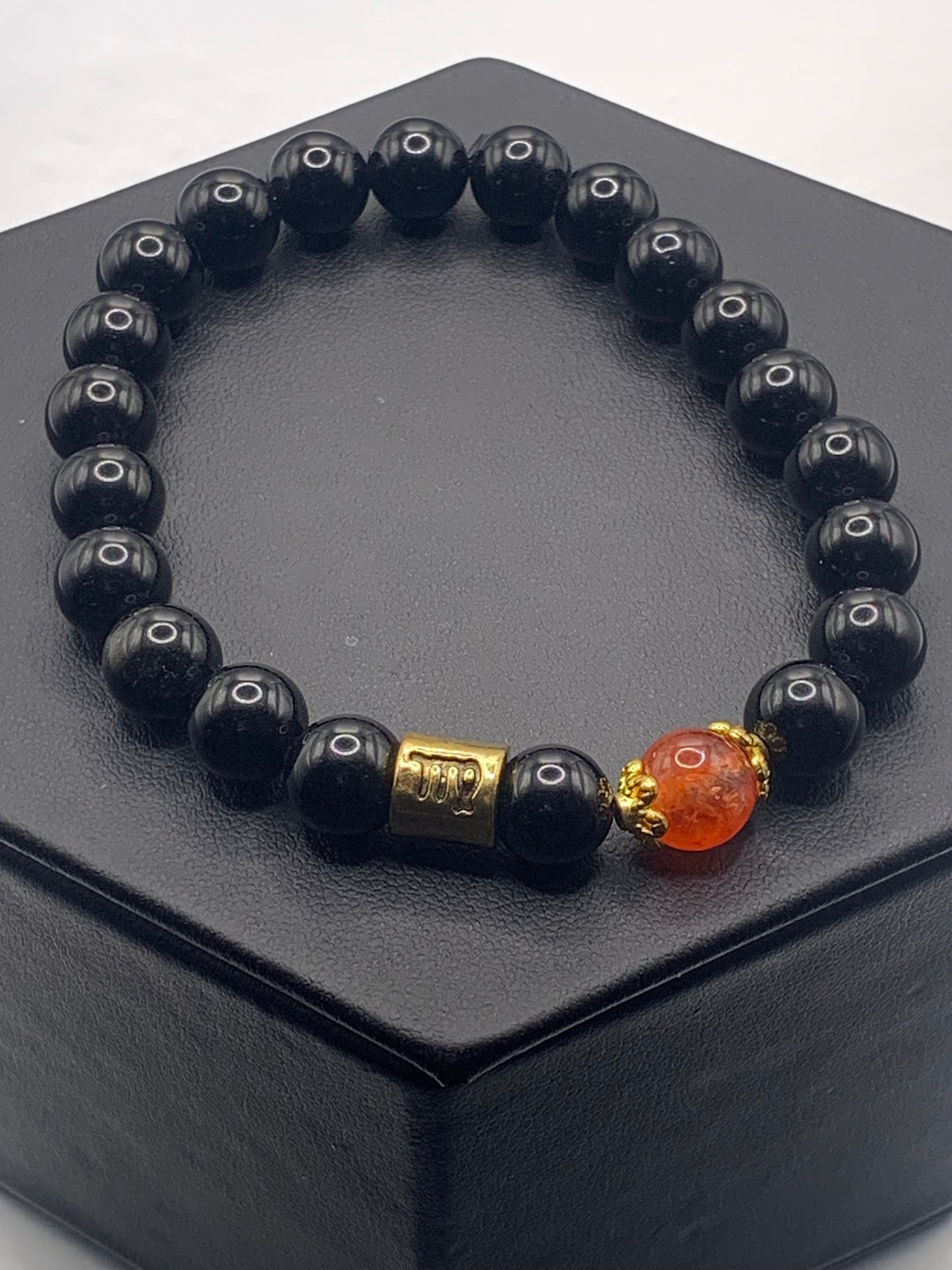 Virgo  Zodiac black obsidian with phoenix agate semi precious stone/crystal elastic beaded bracelet with gold accents