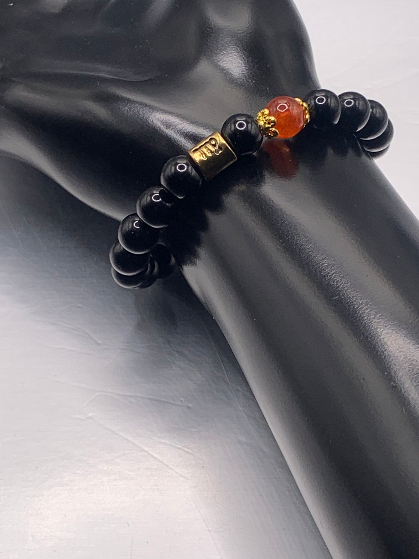 Virgo  Zodiac black obsidian with phoenix agate semi precious stone/crystal elastic beaded bracelet with gold accents