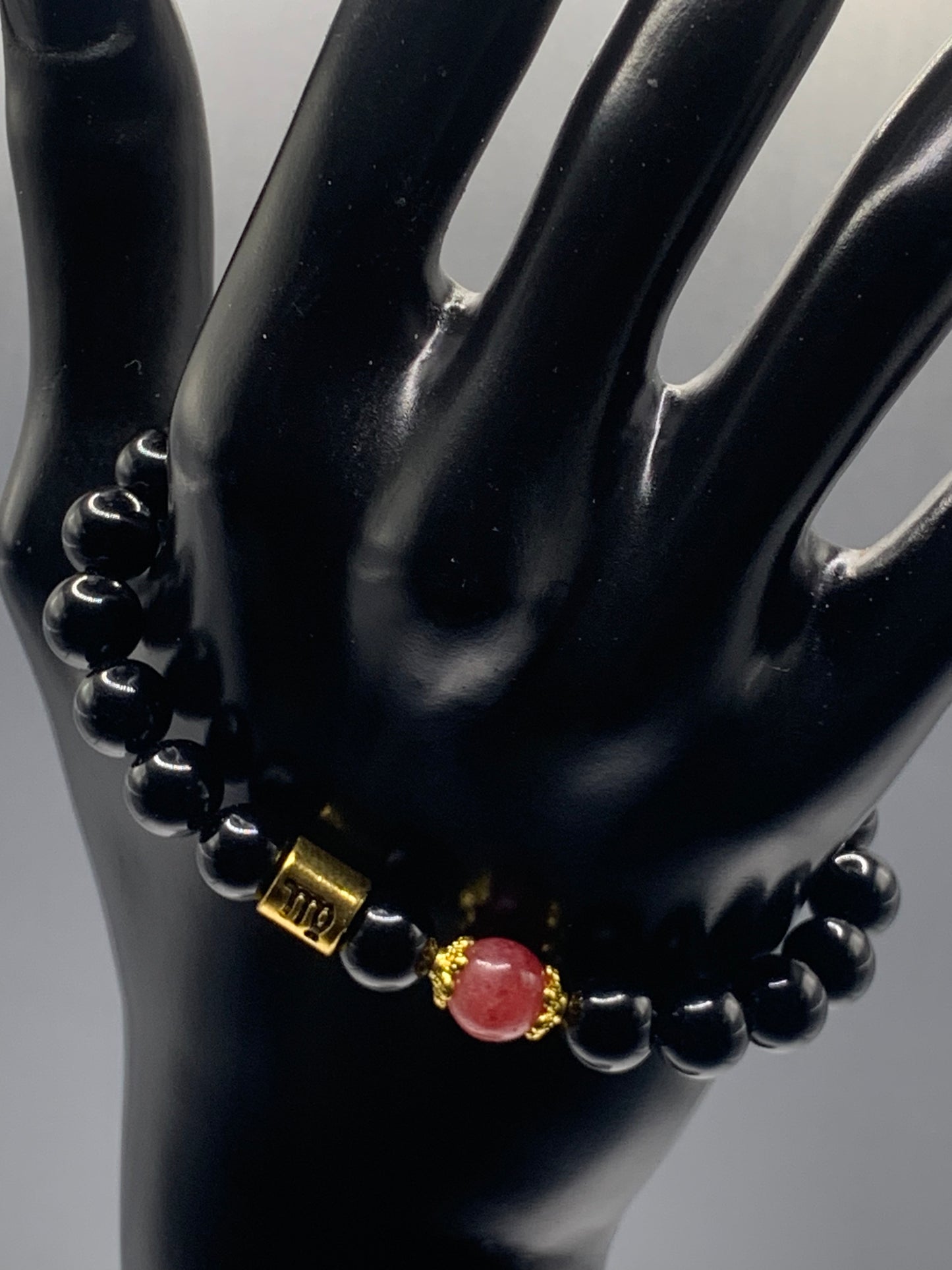 Virgo Zodiac black obsidian with pink chalcedony semi precious stone/crystal elastic beaded bracelet with gold accents