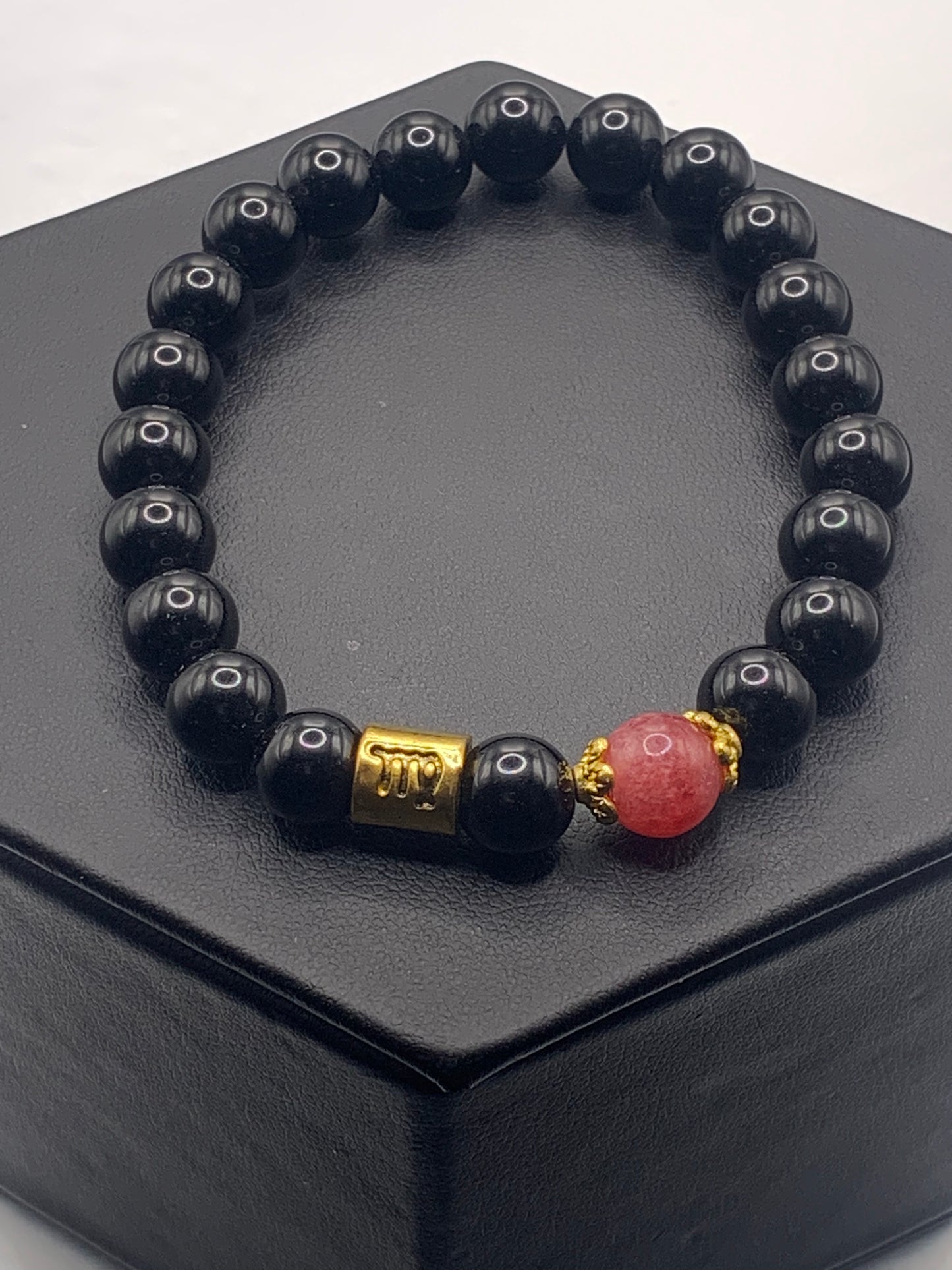 Virgo Zodiac black obsidian with pink chalcedony semi precious stone/crystal elastic beaded bracelet with gold accents
