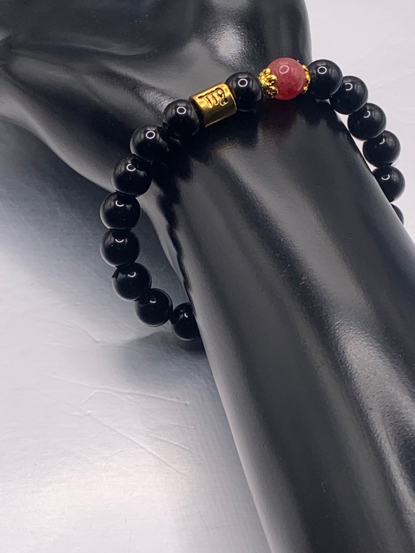 Virgo Zodiac black obsidian with pink chalcedony semi precious stone/crystal elastic beaded bracelet with gold accents
