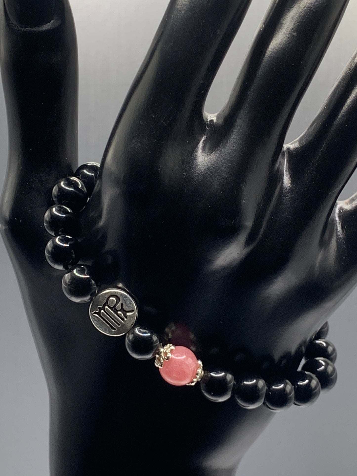 Virgo Zodiac black obsidian with pink chalcedony semi precious stone/crystal elastic beaded bracelet with silver accents