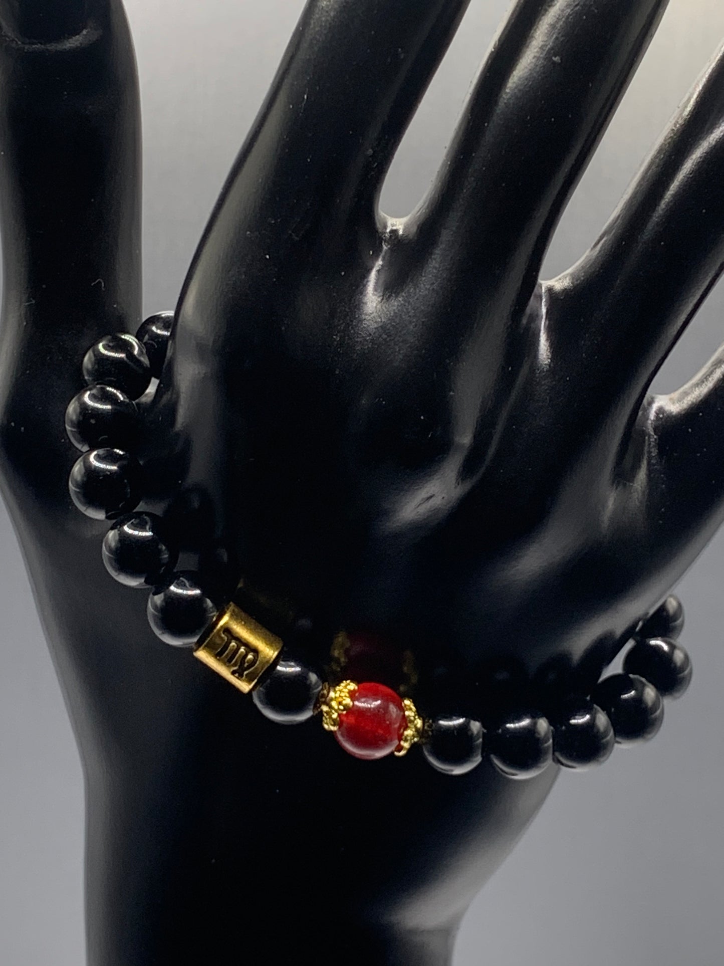 Virgo Zodiac black obsidian with red chalcedony semi precious stone/crystal elastic beaded bracelet with gold accents