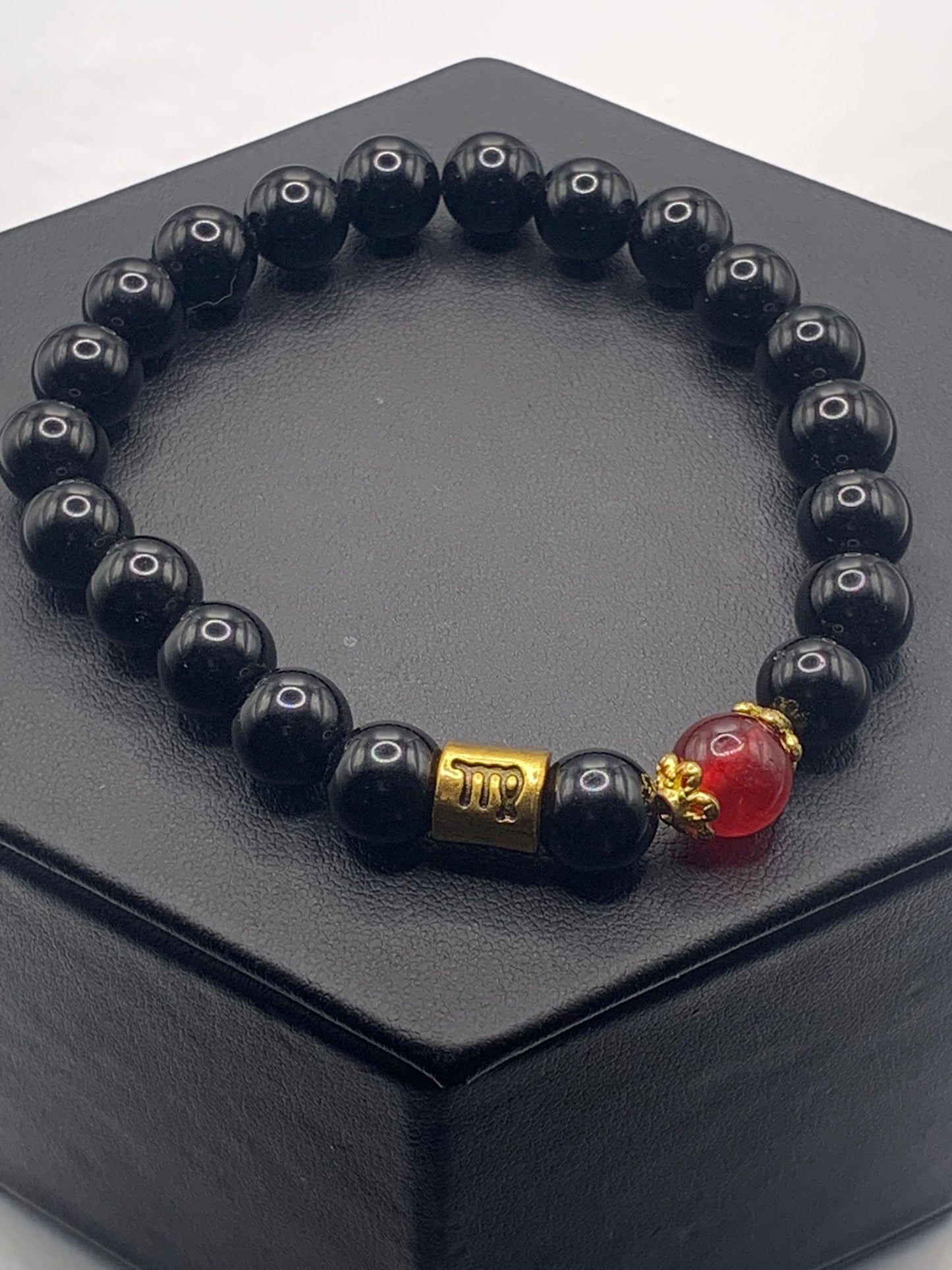 Virgo Zodiac black obsidian with red chalcedony semi precious stone/crystal elastic beaded bracelet with gold accents