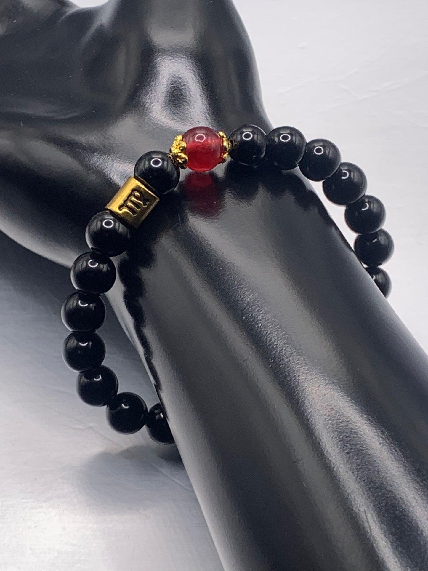 Virgo Zodiac black obsidian with red chalcedony semi precious stone/crystal elastic beaded bracelet with gold accents