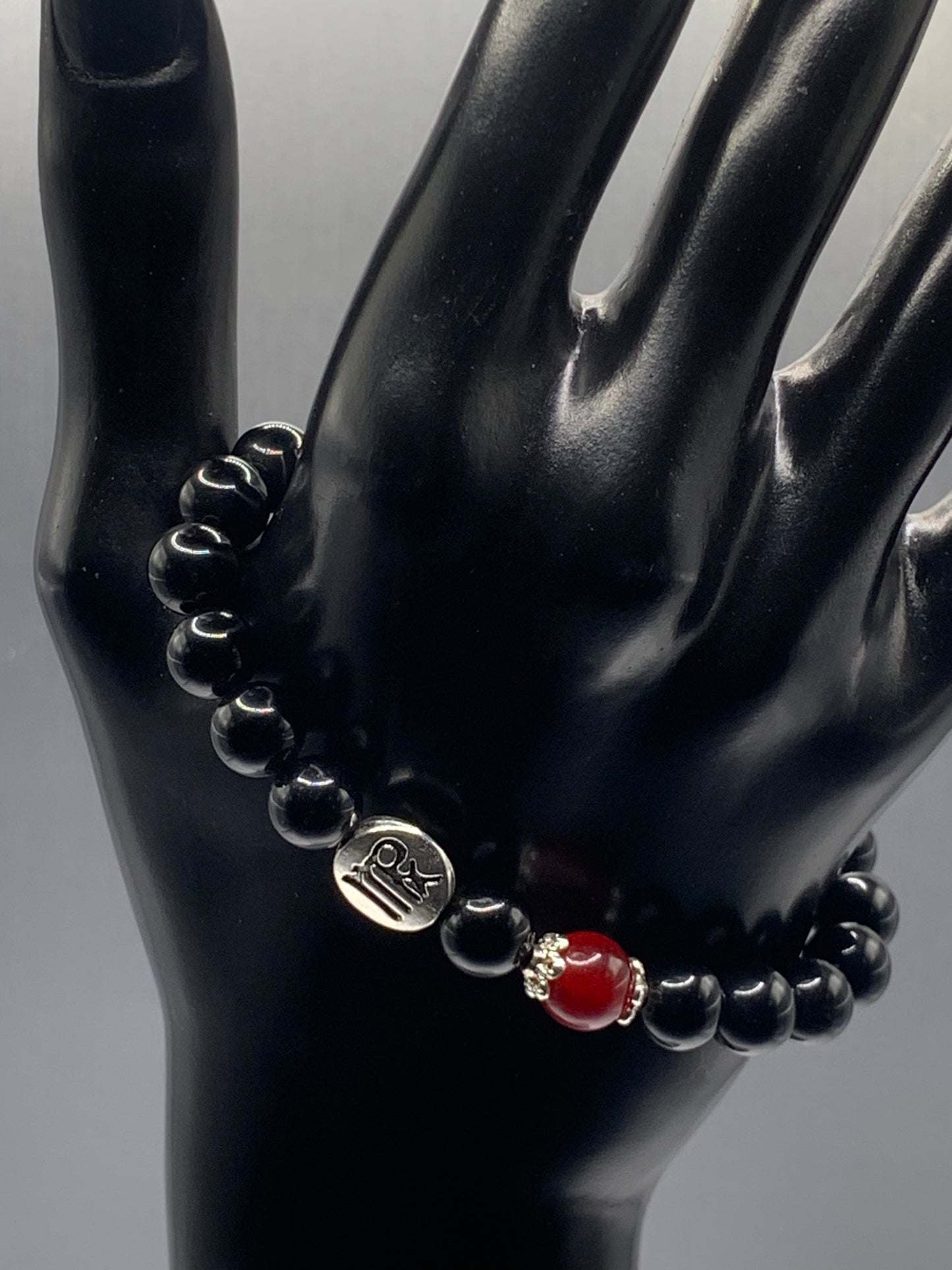 Virgo  Zodiac black obsidian with red chalcedony semi precious stone/crystal elastic beaded bracelet with silver accents