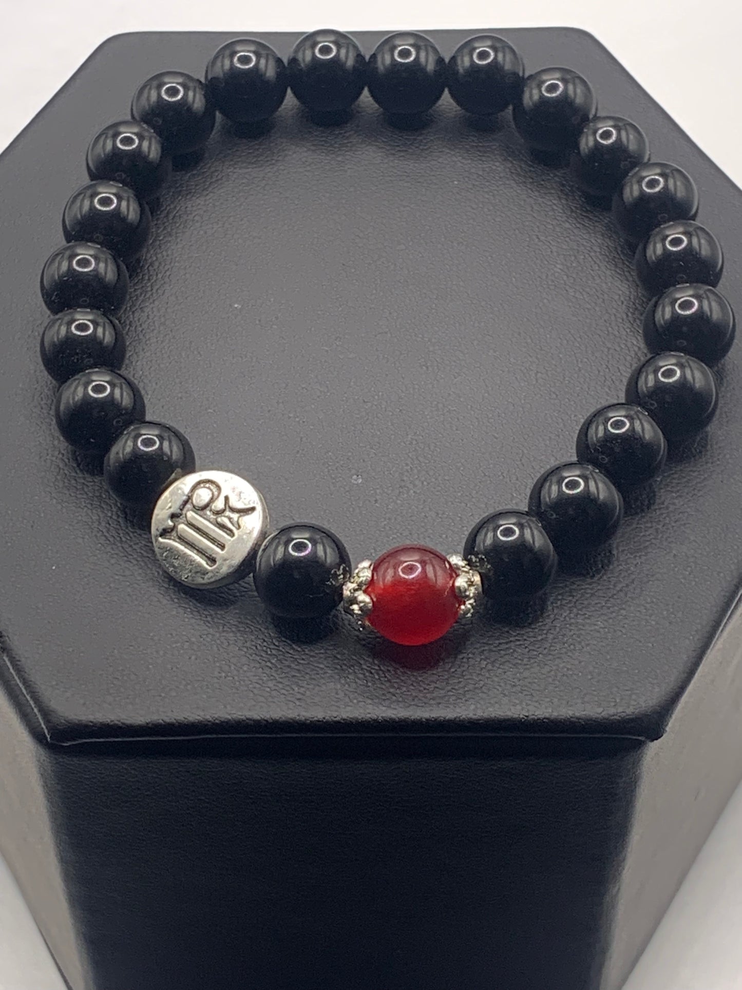Virgo  Zodiac black obsidian with red chalcedony semi precious stone/crystal elastic beaded bracelet with silver accents