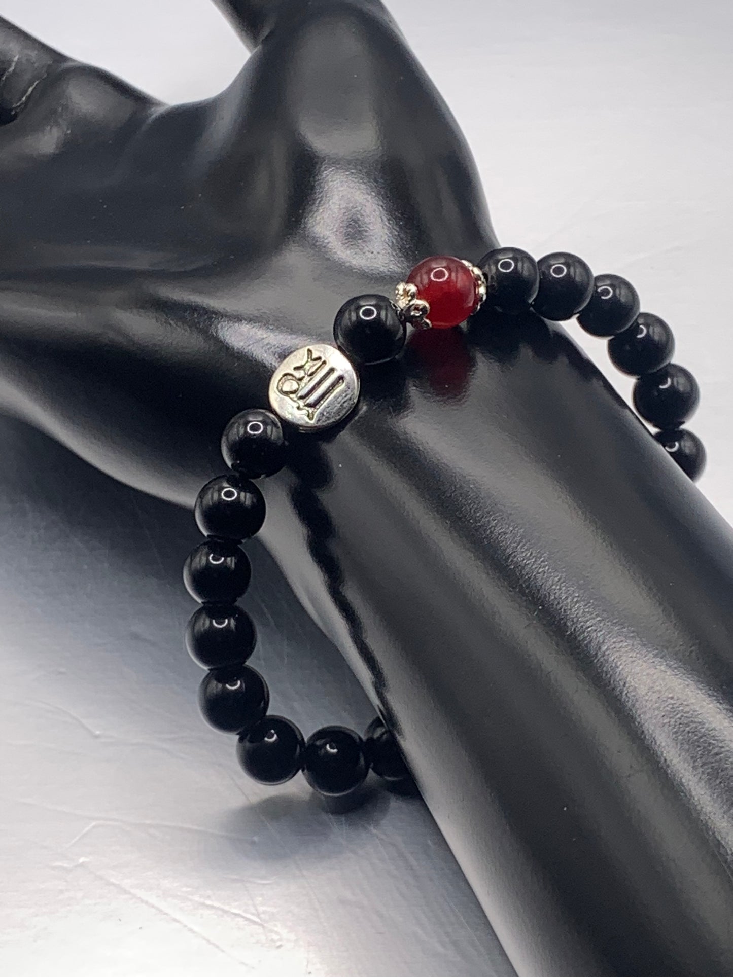 Virgo  Zodiac black obsidian with red chalcedony semi precious stone/crystal elastic beaded bracelet with silver accents