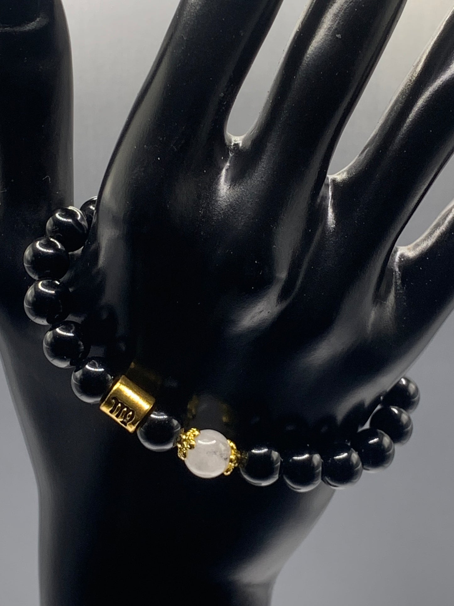Virgo Zodiac black obsidian with white chalcedony semi precious stone/crystal elastic beaded bracelet with gold accents