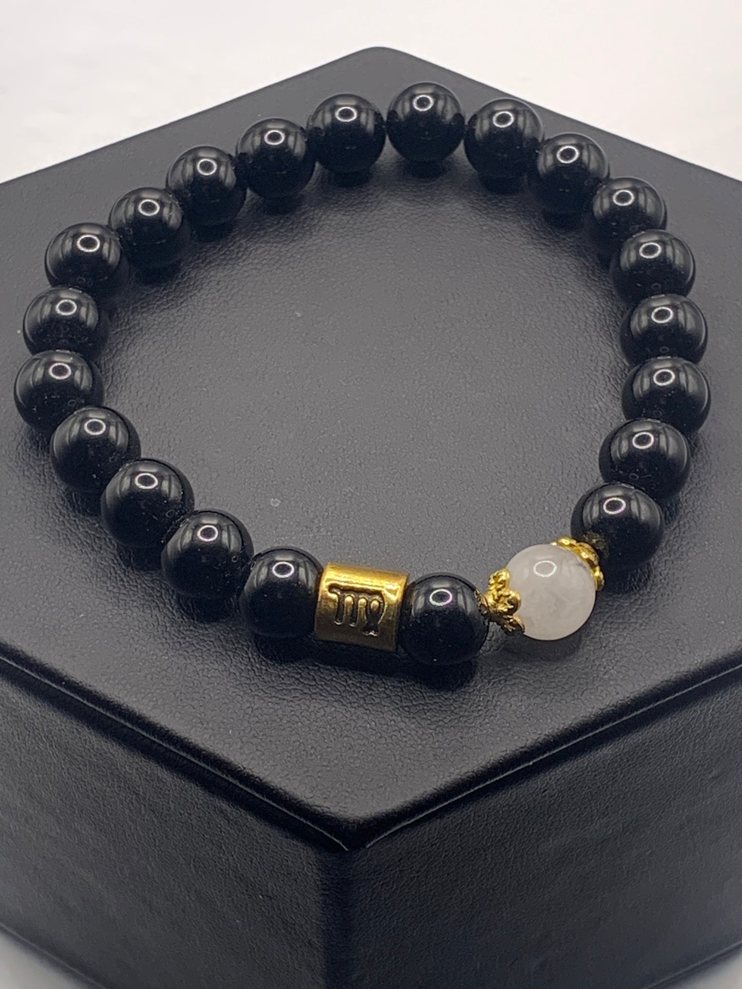Virgo Zodiac black obsidian with white chalcedony semi precious stone/crystal elastic beaded bracelet with gold accents