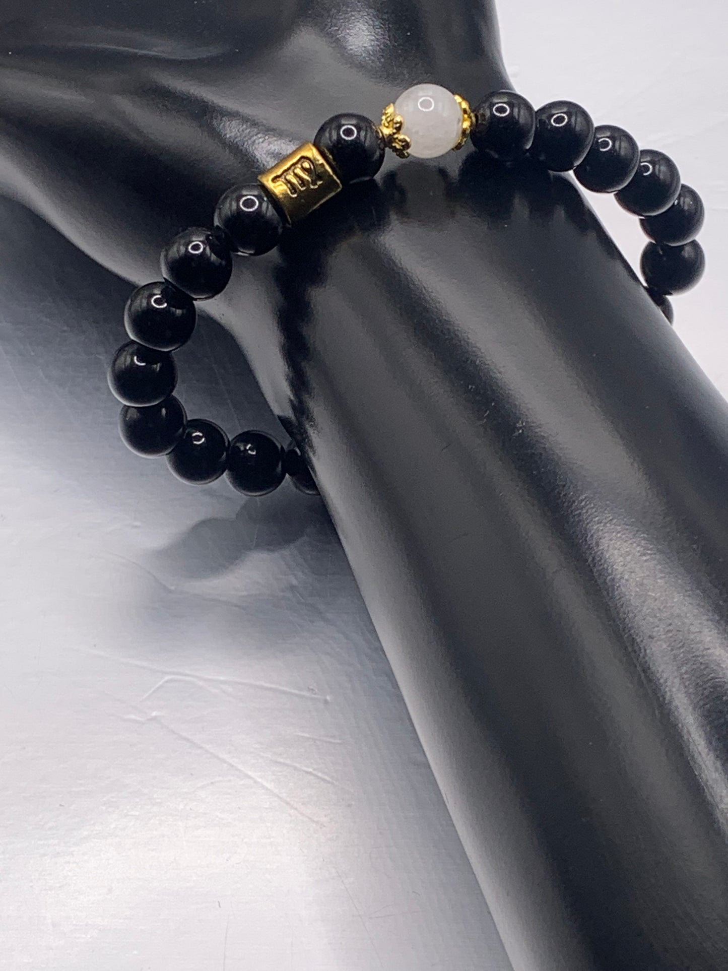 Virgo Zodiac black obsidian with white chalcedony semi precious stone/crystal elastic beaded bracelet with gold accents