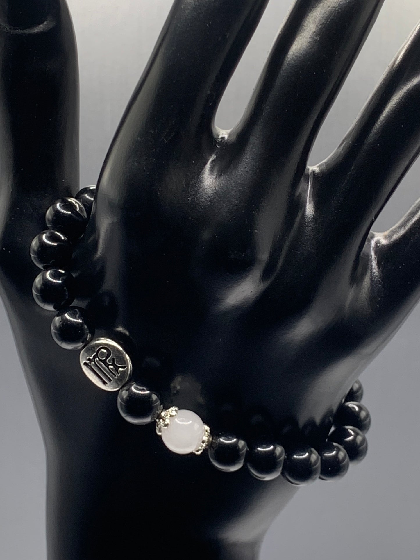 Virgo Zodiac black obsidian with white chalcedony semi precious stone/crystal elastic beaded bracelet with silver accents