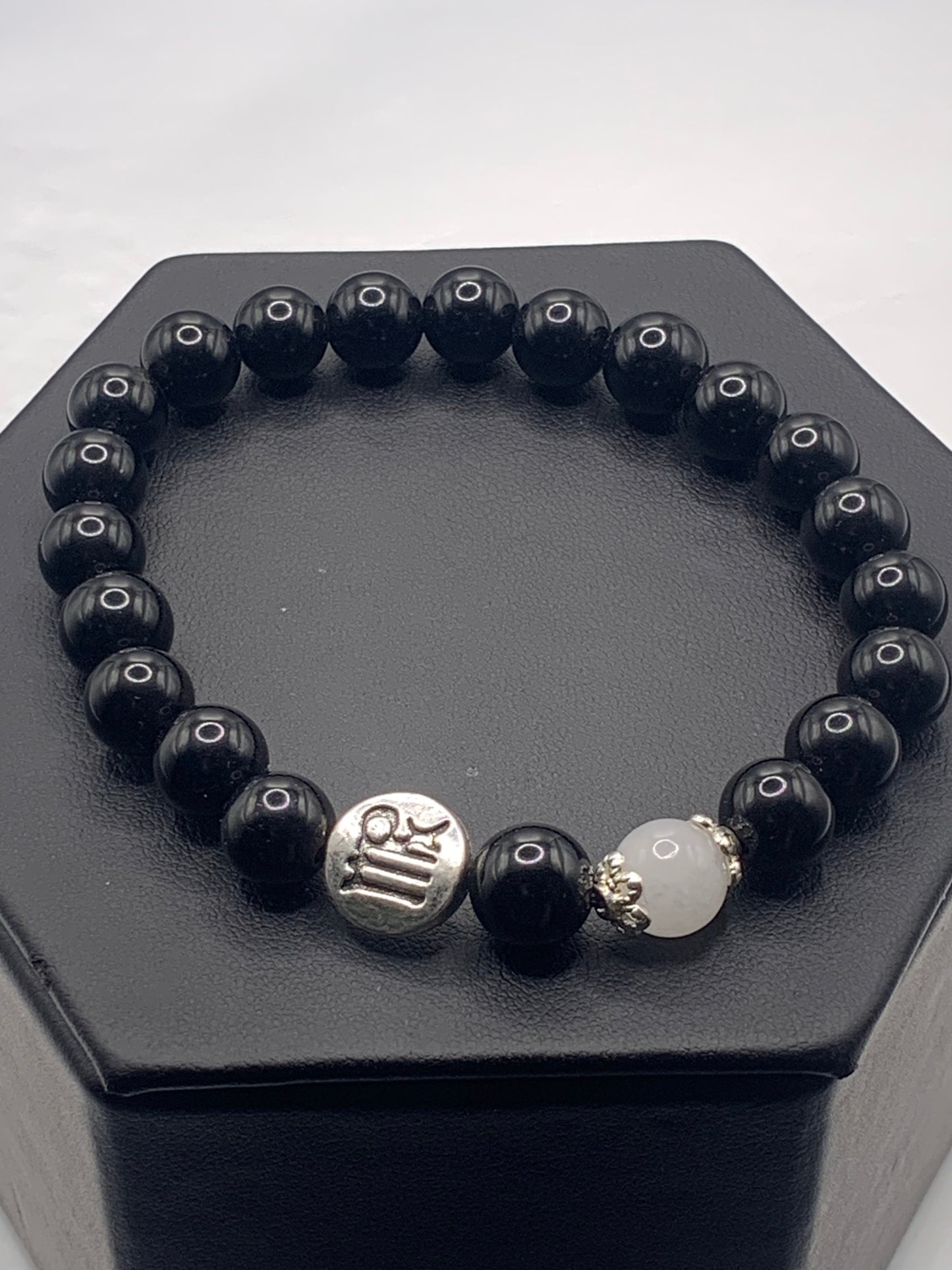 Virgo Zodiac black obsidian with white chalcedony semi precious stone/crystal elastic beaded bracelet with silver accents