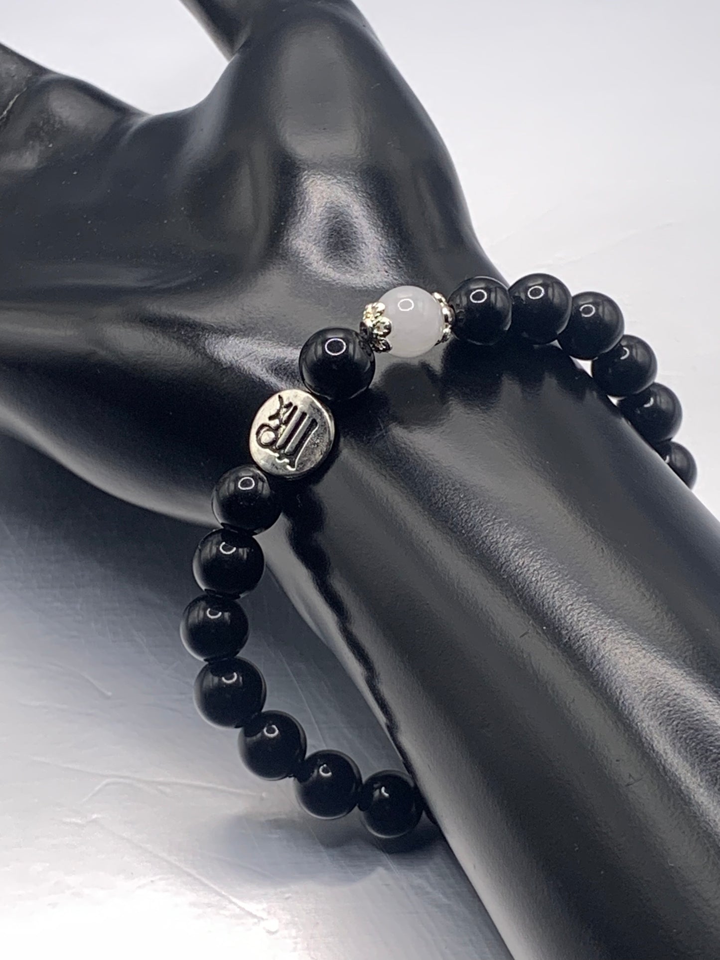 Virgo Zodiac black obsidian with white chalcedony semi precious stone/crystal elastic beaded bracelet with silver accents
