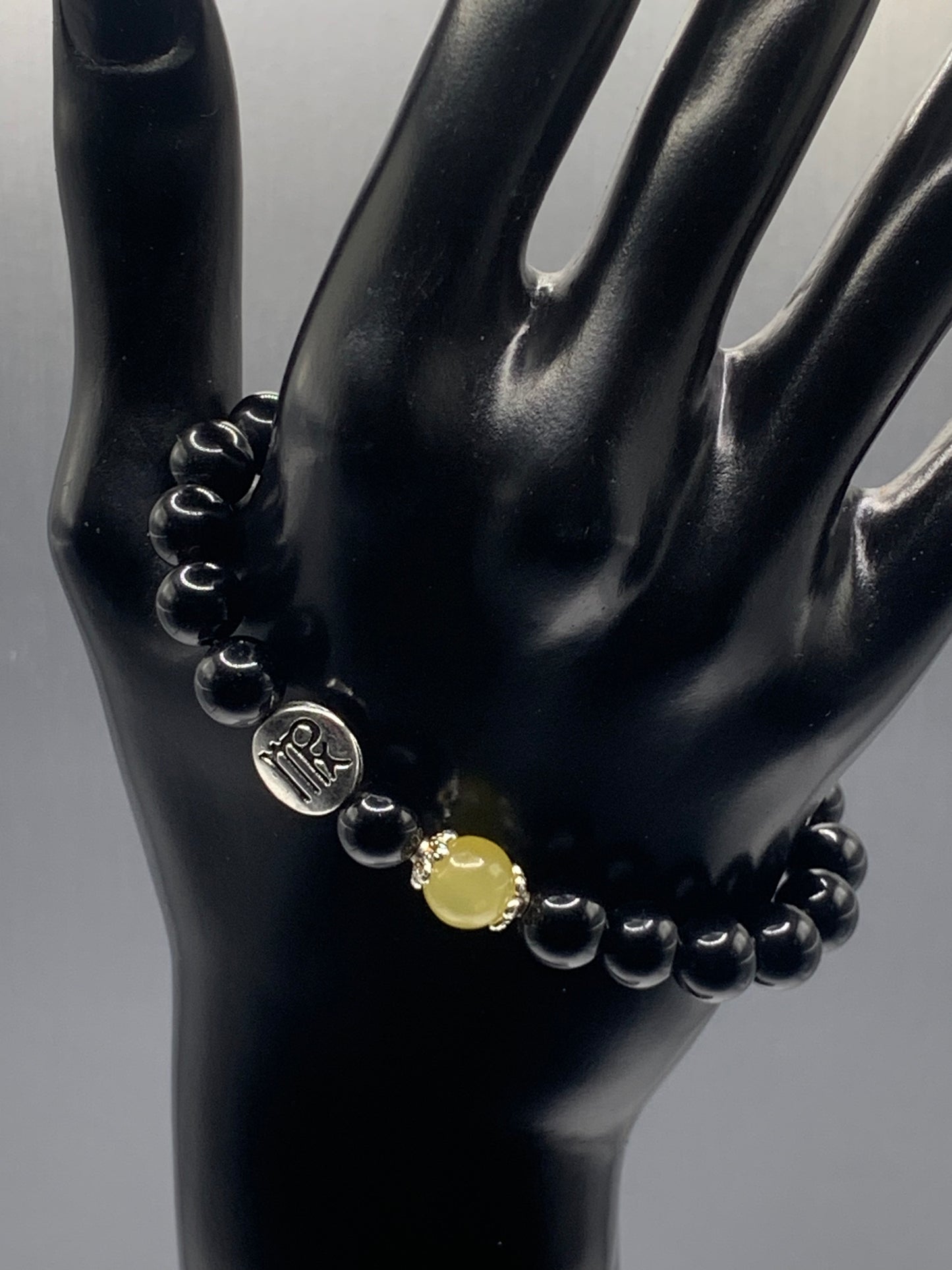 Virgo Zodiac black obsidian with yellow agate semi precious stone/crystal elastic beaded bracelet with silver accents