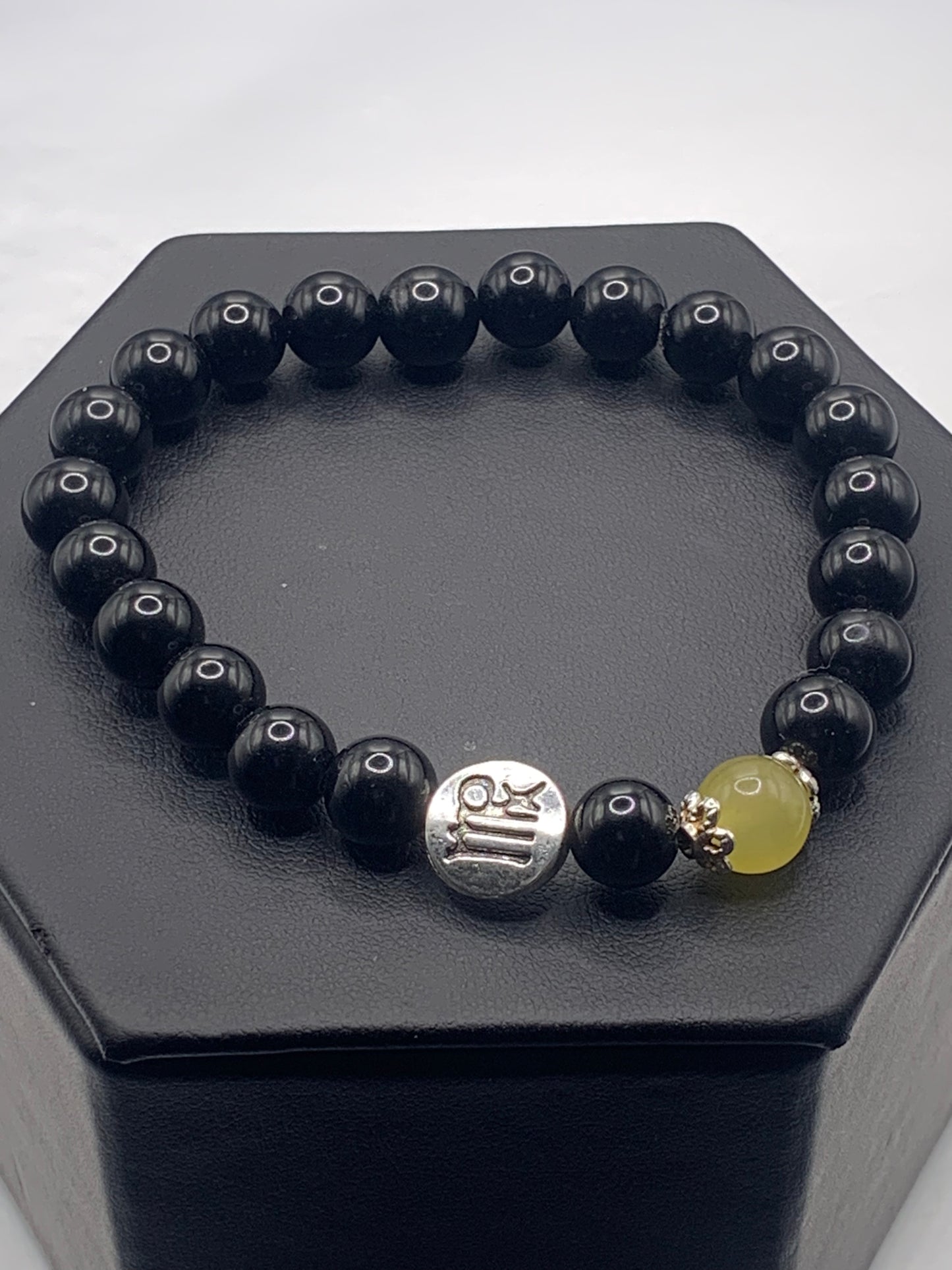Virgo Zodiac black obsidian with yellow agate semi precious stone/crystal elastic beaded bracelet with silver accents