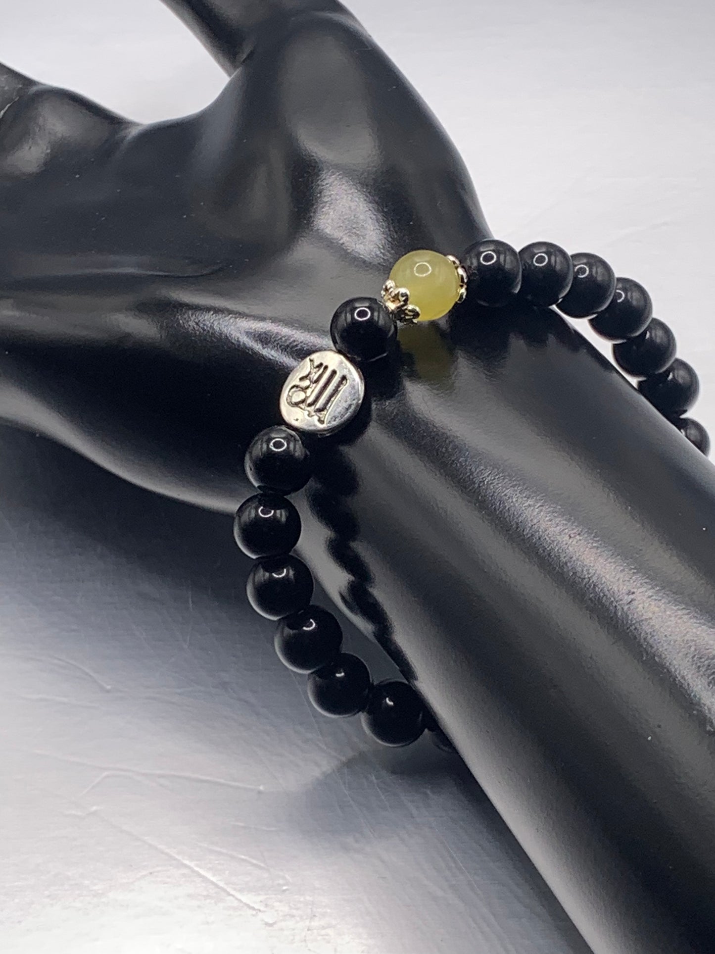 Virgo Zodiac black obsidian with yellow agate semi precious stone/crystal elastic beaded bracelet with silver accents