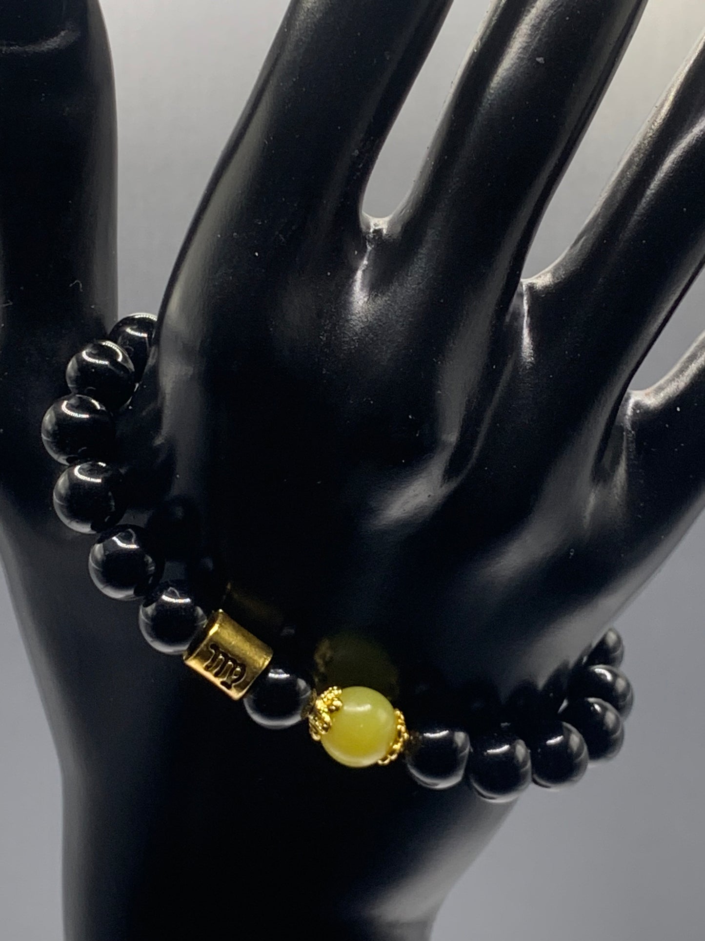 Virgo  Zodiac black obsidian with yellow jade semi precious stone/crystal elastic beaded bracelet with gold accents