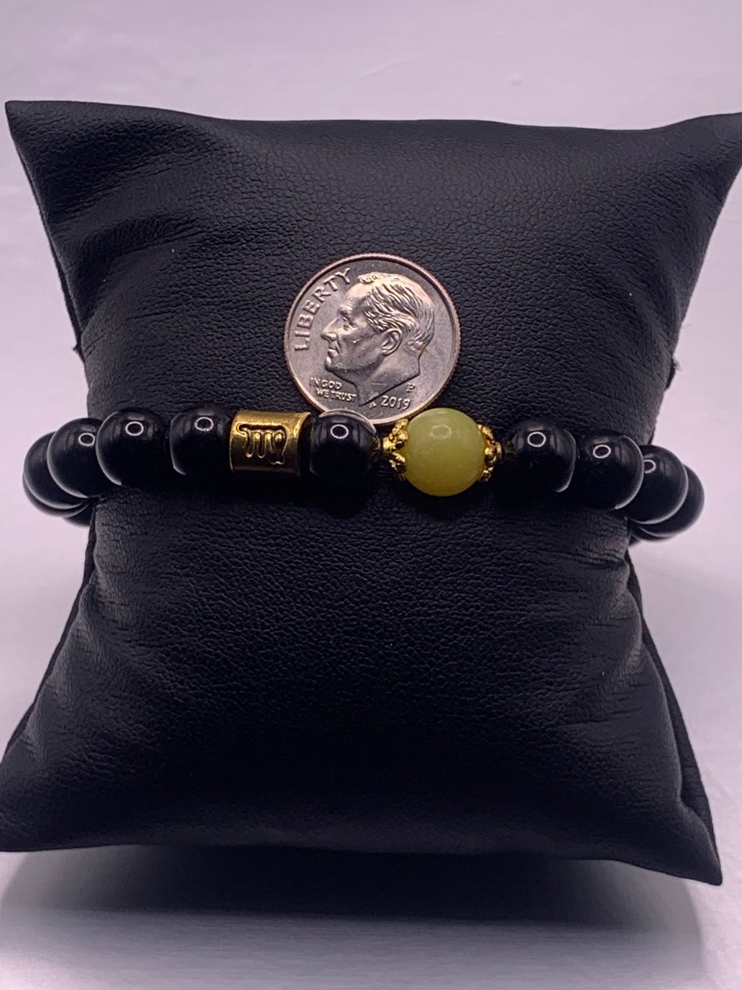 Virgo  Zodiac black obsidian with yellow jade semi precious stone/crystal elastic beaded bracelet with gold accents