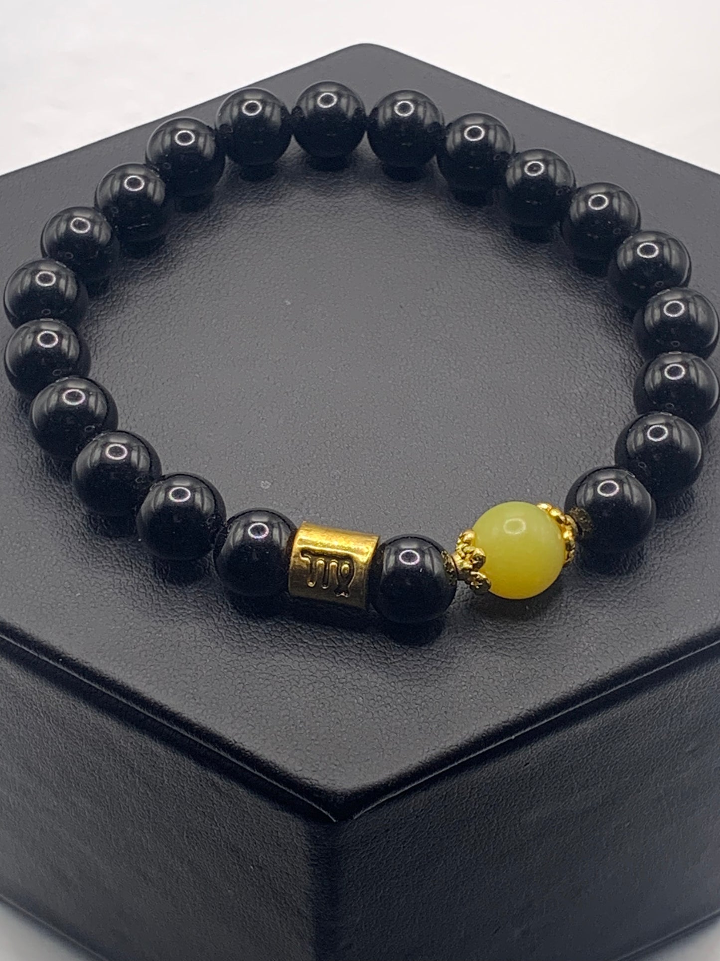 Virgo  Zodiac black obsidian with yellow jade semi precious stone/crystal elastic beaded bracelet with gold accents