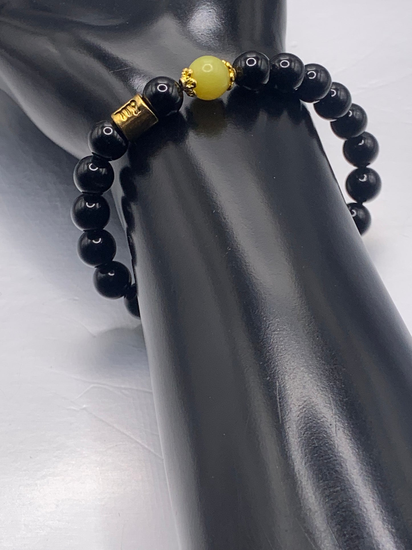 Virgo  Zodiac black obsidian with yellow jade semi precious stone/crystal elastic beaded bracelet with gold accents