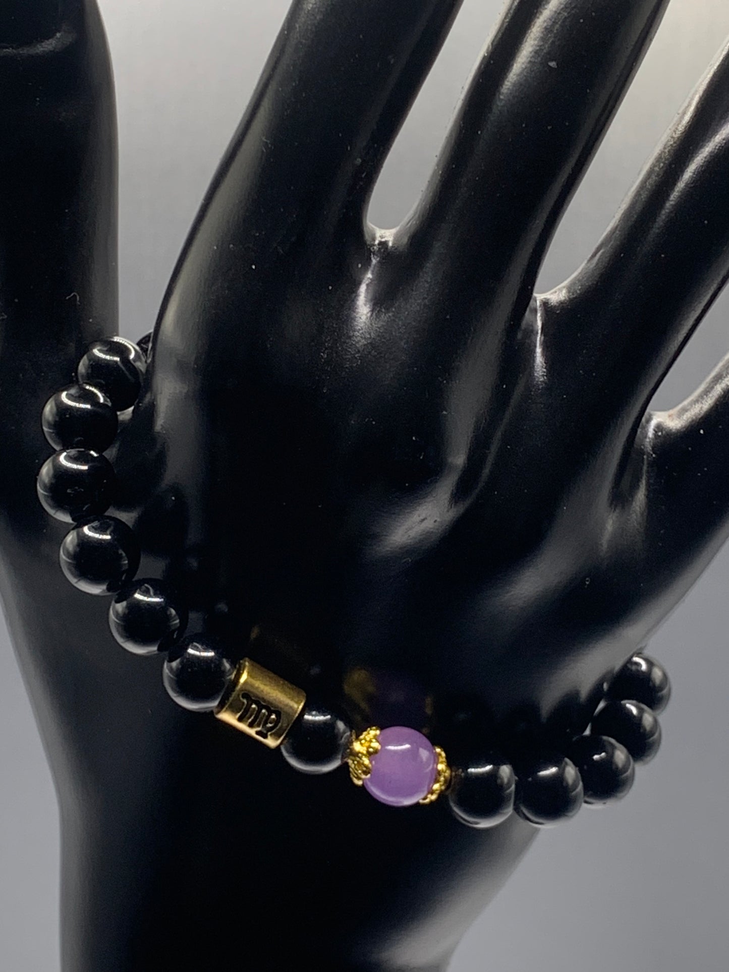 Virgo Zodiac black obsidian with lavender agate semi precious stone/crystal elastic beaded bracelet with gold accents
