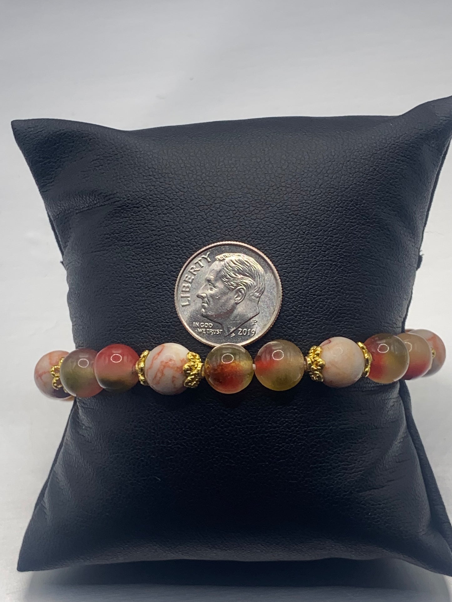 Red vein jasper and watermelon chalcedony semi precious stone/crystal elastic beaded bracelet with gold plated flower bead caps